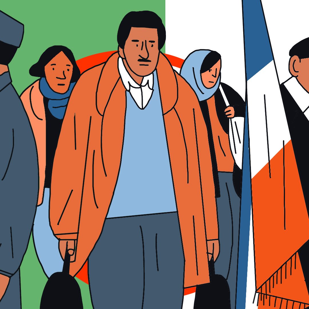 L'image présente un groupe de personnes illustrées dans un style graphique. On peut voir un soldat en uniforme portant une arme, une femme avec un foulard, et un homme habillé d'un manteau orange qui semble pensif. À droite, un homme souriant est vêtu d'un costume et tient des drapeaux. L'arrière-plan est divisé en couleurs vives : vert, orange et blanc. L'ensemble donne une impression de contrastes sociaux et culturels.