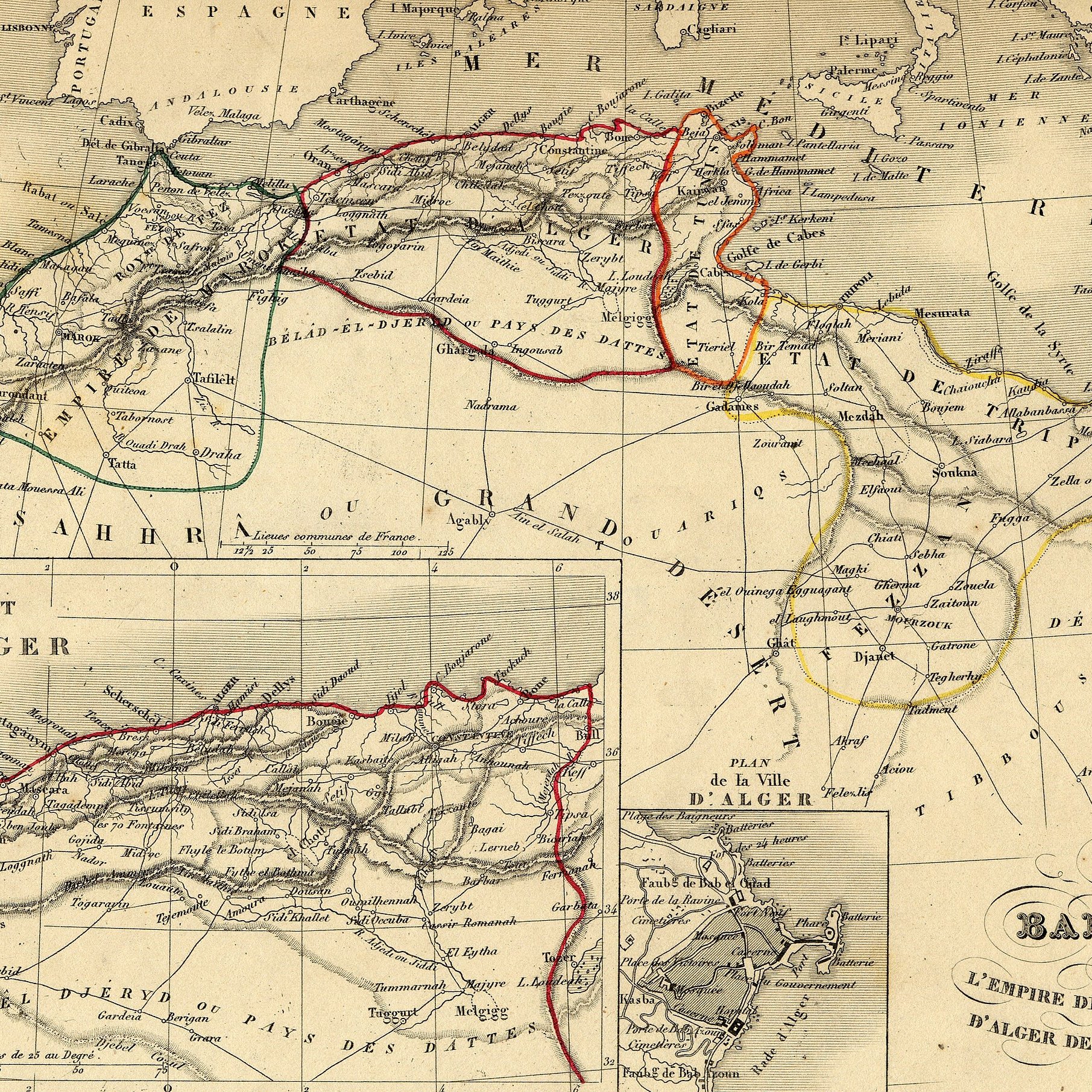تُظهر هذه الصورة خريطة قديمة لمنطقة المغرب العربي، وتحديداً تشمل البلدان التي تضم الجزائر والمغرب وتونس. الخريطة تتضمن تفاصيل جيولوجية وجغرافية مثل الأنهار والجبال. يوجد أيضاً إطار صغير في الزاوية السفلى يسرد تفاصيل إضافية حول المناطق المختلفة في الخريطة. تُبرز الألوان المختلفة الحدود بين الدول، مما يوضح توزيع المدن والبلدات والمناطق. التصميم يعكس النمط التقليدي للخرائط في القرن التاسع عشر، مع استخدام خطوط دقيقة ونصوص توضيحية.