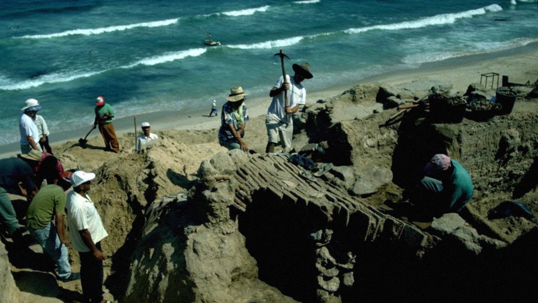 A group of people excavates a sandy site near the ocean, surrounded by waves and tools.