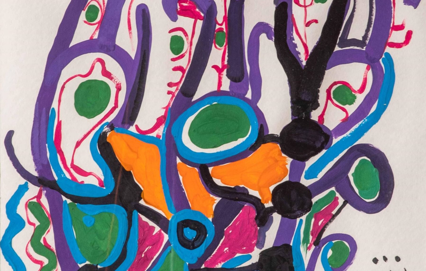 Cette image représente un tableau coloré et abstrait avec des formes organiques et géométriques. Les couleurs vives comme le bleu, le vert, l'orange et le rouge se mélangent pour créer un motif dynamique. On peut y voir des lignes et des courbes qui évoquent des éléments naturels, peut-être inspirés par des plantes ou des figures stylisées. Le nom "CHAIBI A" est inscrit dans le coin, suggérant qu'il s'agit d'une œuvre d'un artiste portant ce nom. L'ensemble dégage une impression de mouvement et de créativité.