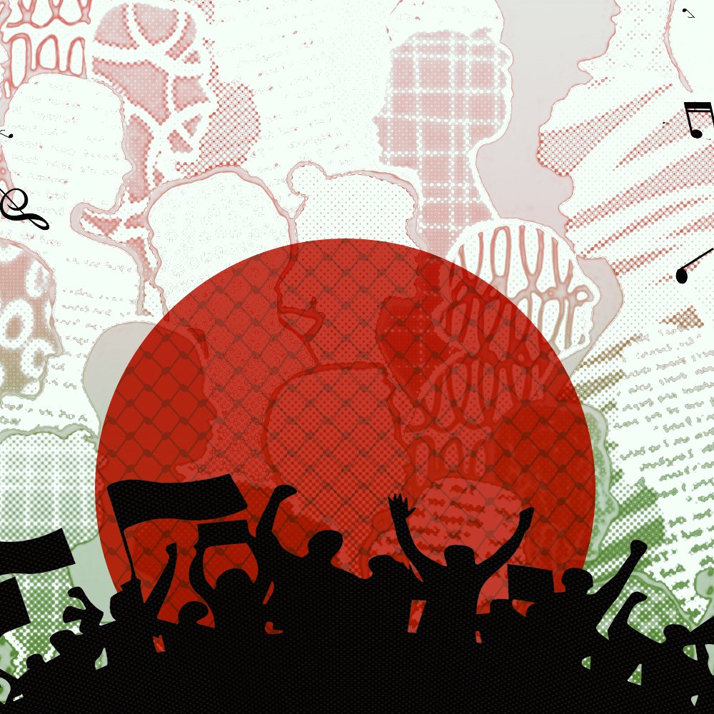 A colorful collage featuring a large red circle, silhouettes of people, and musical notes.