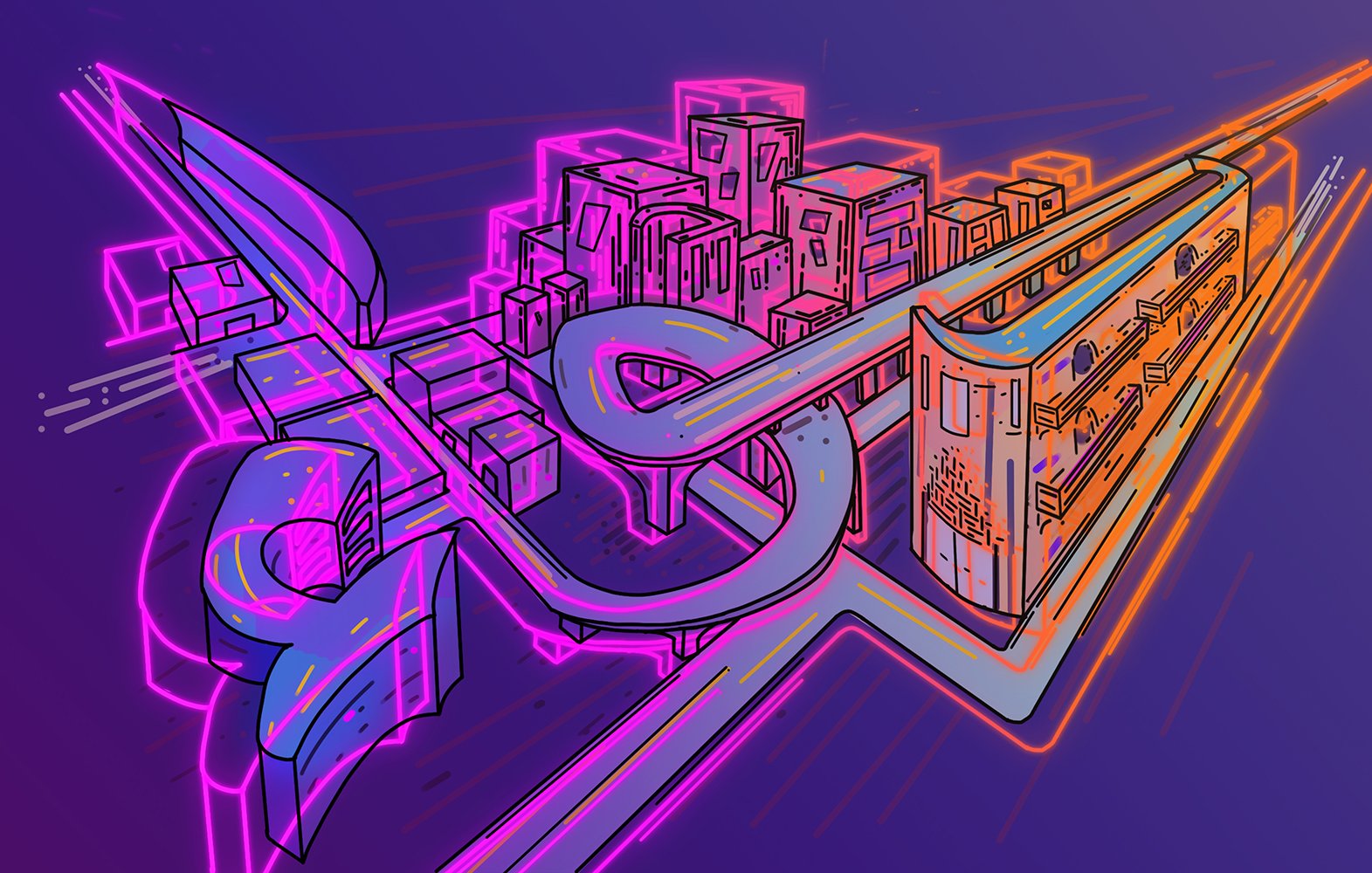 تظهر في الصورة رسم متجدد يجمع بين أشكال هندسية ونوافذ مستوحاة من المدن الحديثة. الألوان الزاهية، مثل الوردي والبرتقالي، تضفي على الصورة طابعًا عصريًا وحيويًا. هناك تفاصيل معمارية تبدو كأنها تمثل مباني ومرافق حضرية، بينما يتداخل معها انحناءات وخطوط تعبر عن الحركة والديناميكية. تعكس هذه العناصر مجتمعة شعورًا بالابتكار والتقدم.