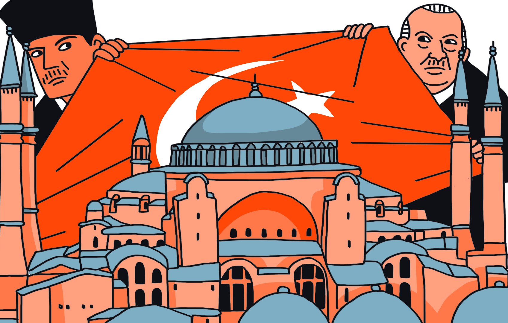 La imagen muestra a dos hombres sosteniendo una gran bandera de Turquía, que tiene una estrella y una luna en su centro. Detrás de ellos se encuentra la famosa estructura de la Hagia Sophia, con su distintiva cúpula y minaretes. La escena está representada en un estilo gráfico, con colores predominantes en tonos naranja, azul y gris, lo que le da un aire moderno y estilizado.