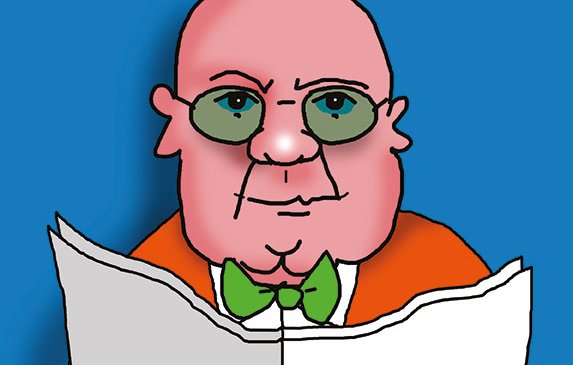 L'image représente un personnage caricatural, un homme en surpoids avec une tête ronde et chauve. Il porte des lunettes et un nœud papillon vert qui contraste avec sa veste orange. Il est assis à une table et tient un grand journal devant lui. L'arrière-plan est de couleur bleue, ce qui fait ressortir les couleurs vives de son costume. Le style de dessin est humoristique et simplifié.