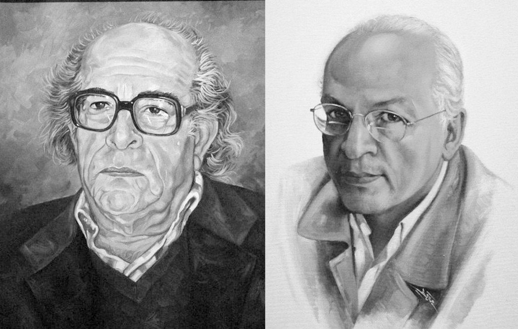L'image montre deux portraits en noir et blanc. Le premier portrait à gauche représente un homme d'âge mûr avec des cheveux gris, portant des lunettes et une expression sérieuse. Il est vêtu d'un pull noir et d'une veste. Le second portrait à droite présente également un homme d'âge mûr, avec des lunettes et des cheveux gris, mais il a un sourire subtil. Son style vestimentaire est plus formel, avec un manteau clair. Les deux portraits semblent détaillés et bien réalisés, mettant en avant l'expression des visages.