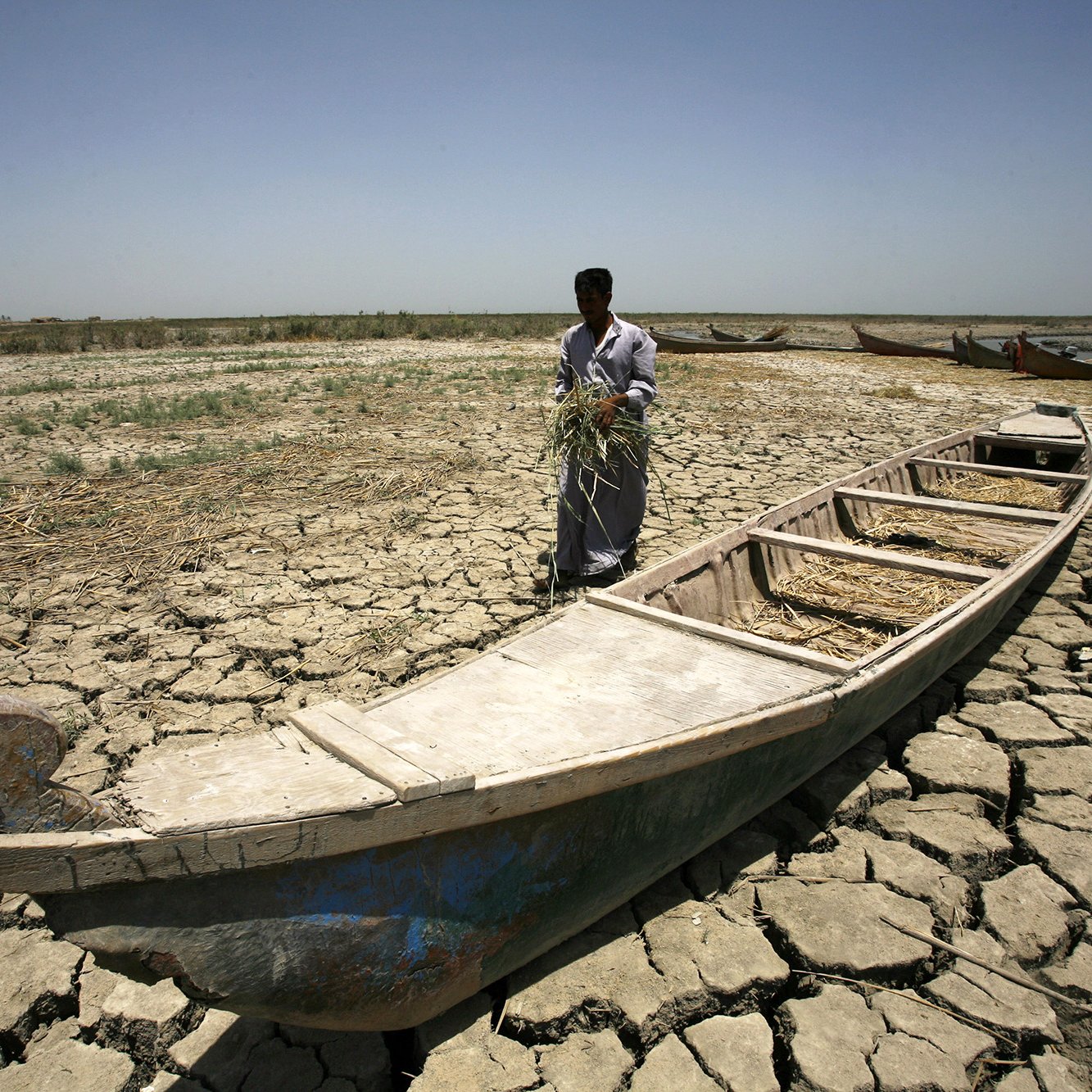 تظهر الصورة رجلًا يقف بجانب قارب في منطقة جافة. الأرض مغطاة بالتشققات، مما يدل على الجفاف، بينما يحيط به شجر قصير. يبدو الرجل مشغولًا بجمع بعض الأعشاب أو الغطاء النباتي. السماء صافية وخالية من الغيوم، مما يضيف إلى شعور الحرارة والجفاف في المشهد. القارب يبدو قديمًا ومستخدمًا، ويمثل جزءًا من الحياة في هذه المنطقة.