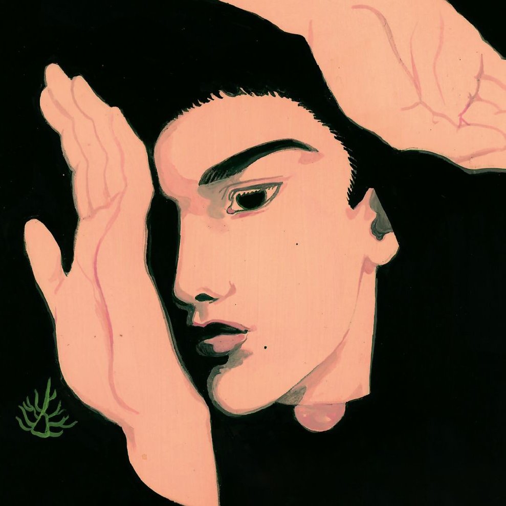 L'image représente un visage stylisé sur un fond noir. Le visage, qui semble être celui d'une personne, est dessiné avec des traits marqués, notamment des sourcils épais et des lèvres bien définies. Les mains entourent le visage, ajoutant une dynamique intéressante à la composition. La palette de couleurs est plutôt limitée, avec des teintes de rose et de blanc pour le visage, contrastant avec le noir du fond. Un petit élément vert, semblable à une plante, est visible dans le coin inférieur gauche.