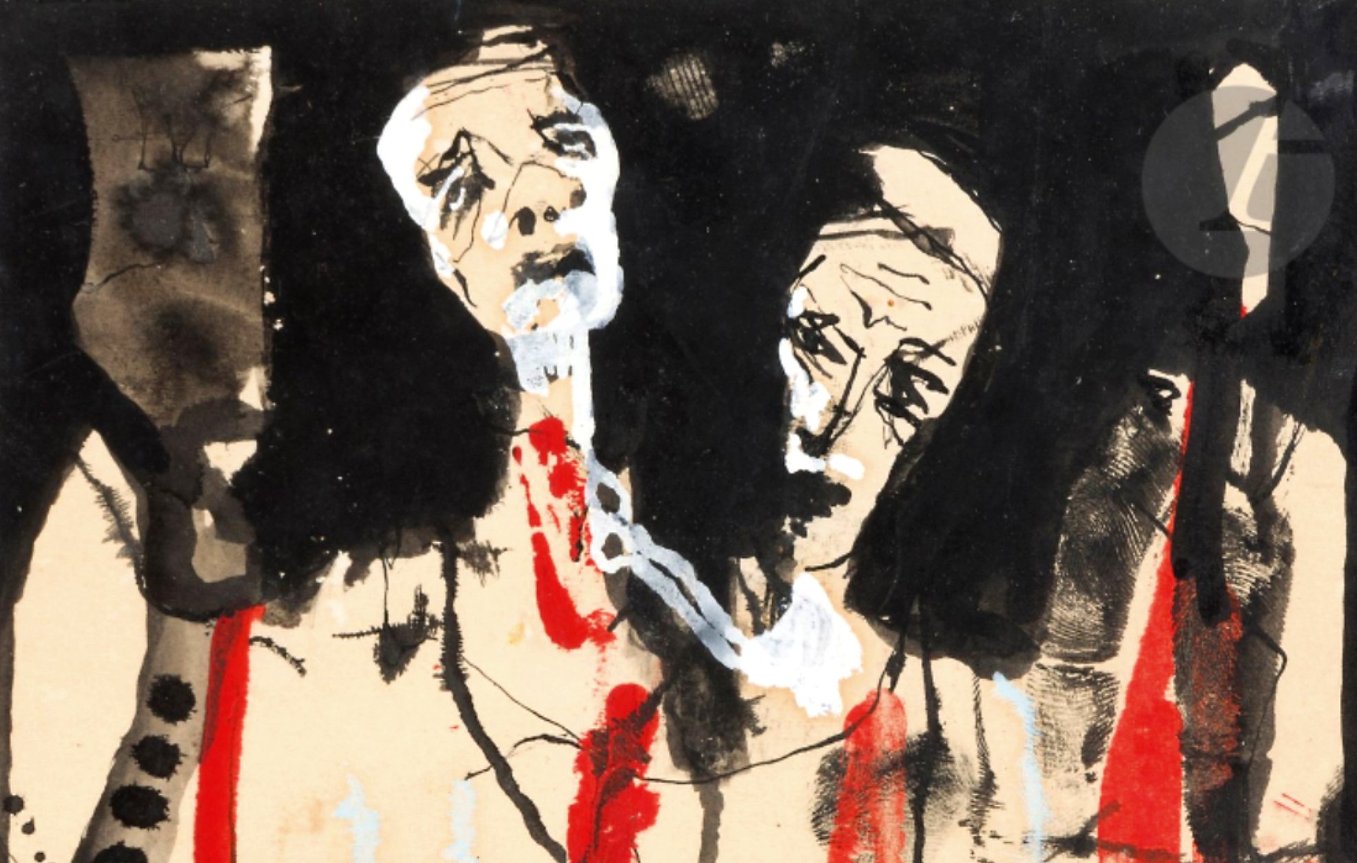 L'image présente une composition expressive dominée par des tons sombres et des touches de couleur vive, comme le rouge et le blanc. On peut y voir des figures humaines aux visages stylisés, qui expriment des émotions intenses. Les traits sont marqués, et il semble y avoir une approche à la fois abstraite et figurative. Le fond, de teintes noires et brunes, contraste avec les formes plus claires, créant une atmosphère dramatique et poignante. Cette œuvre pourrait évoquer des thèmes de souffrance ou de lutte.