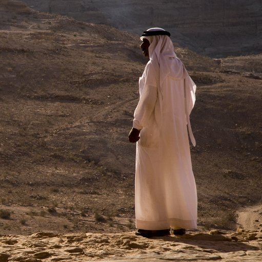 L'image montre une personne vêtue d'une tenue traditionnelle, probablement un kandora ou un dishdasha, se tenant debout sur un terrain désertique. En arrière-plan, on aperçoit un paysage aride avec des collines et des formations rocheuses. La lumière est douce, ce qui donne une ambiance calme et contemplative à la scène. La personne semble regarder au loin, peut-être en train de réfléchir ou d'admirer la vue panoramique du désert.