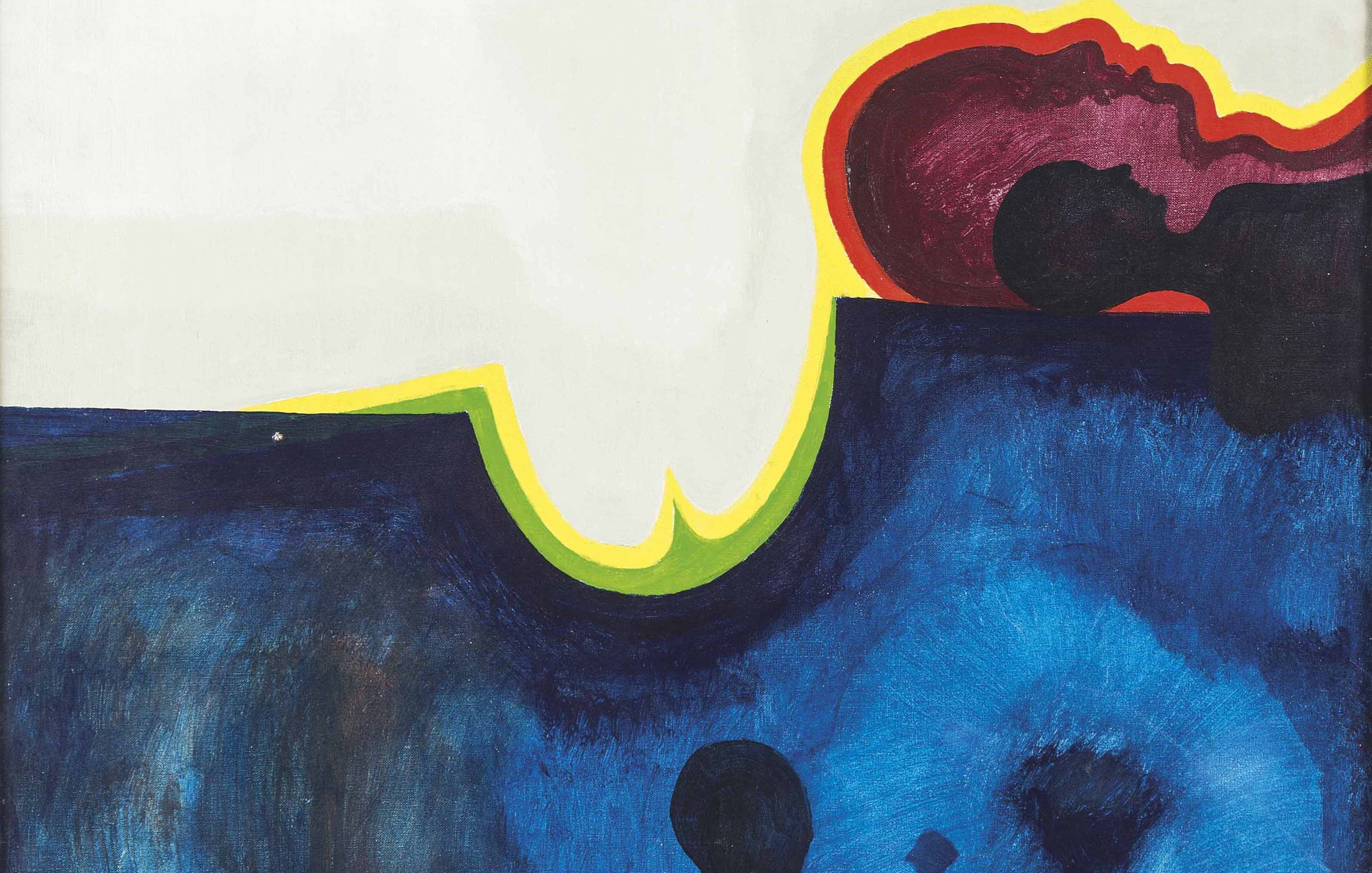 L'image représente une composition abstraite avec des formes et des couleurs vives. On peut distinguer des silhouettes humaines stylisées en noir, ainsi qu'un fond coloré, alternant entre des teintes de bleu, de rouge et de jaune. La partie supérieure de l'œuvre est plus claire, tandis que la partie inférieure présente des tons plus sombres, créant un contraste intéressant. Les lignes et les formes semblent évoquer des émotions et des états d'âme, tout en laissant place à l'interprétation personnelle.