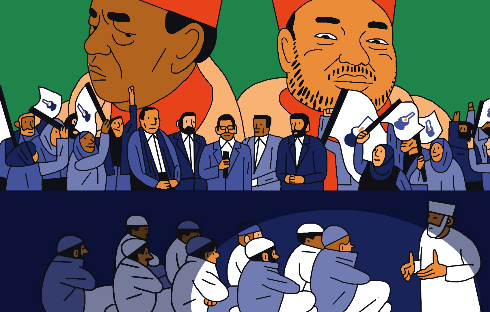 L'image présente deux parties distinctes. Dans la partie supérieure, on voit deux personnages au regard imposant, portant des chapeaux rouges, entourés d'un groupe de personnes qui semblent célébrer ou exprimer leur soutien. Ces personnes sont habillées en costumes formels et tiennent des drapeaux ou des pancartes. Dans la partie inférieure, un groupe de personnes est assis en cercle, vraisemblablement en train d'écouter un individu qui se tient debout et leur parle. Ces personnes sont vêtues de manière plus traditionnelle, et l'atmosphère semble différente, peut-être plus sérieuse ou contemplative. L'arrière-plan de la partie inférieure est sombre, tandis que la partie supérieure est colorée et dynamique.