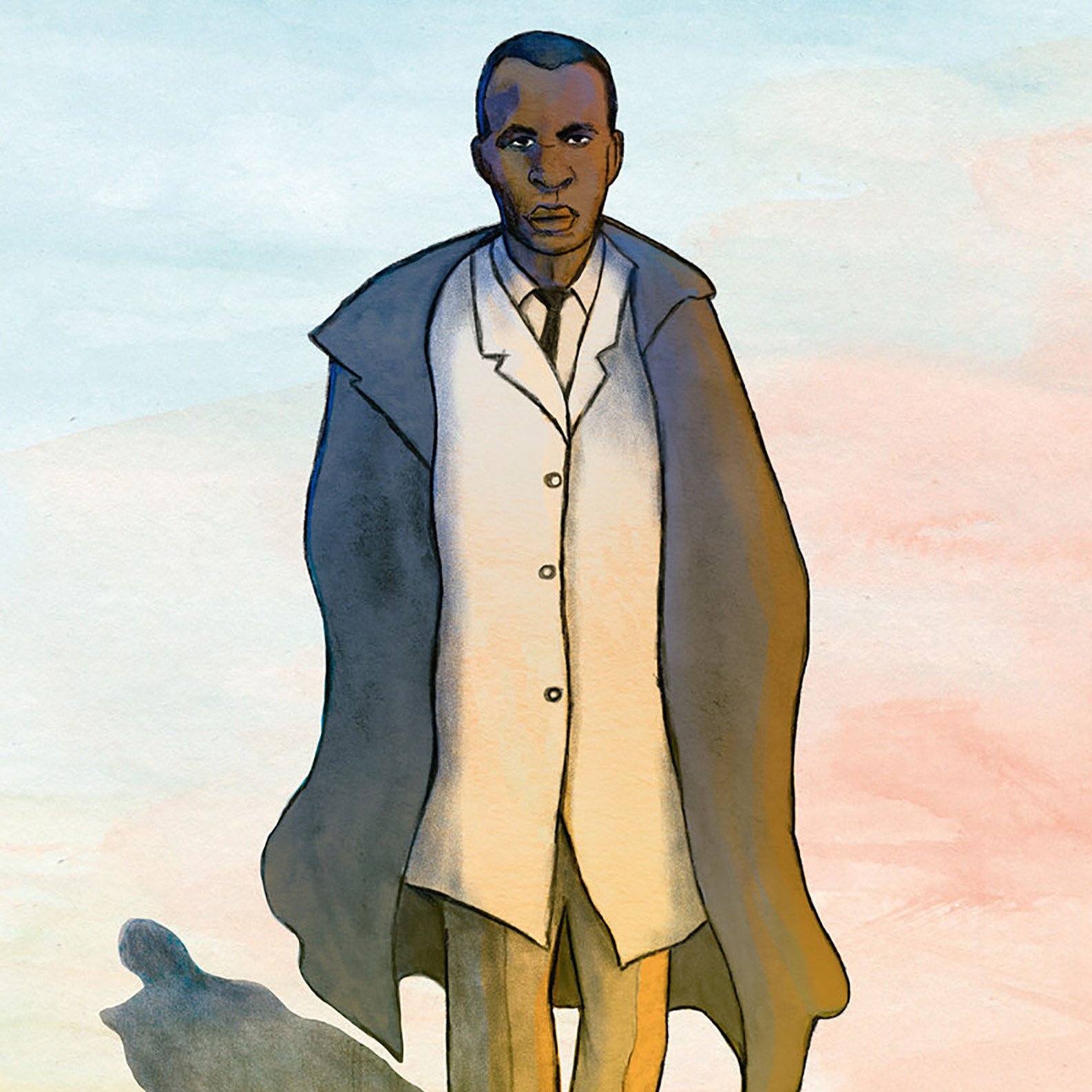L'image représente un homme marchant, vêtu d'un long manteau sombre et d'une chemise claire. Son expression est sérieuse et déterminée. L'arrière-plan présente des teintes douces à pastel, évoquant une atmosphère calme. La silhouette de l'homme projette une ombre qui renforce son allure imposante. Cette image a une qualité artistique, suggérant une histoire ou un thème profond.