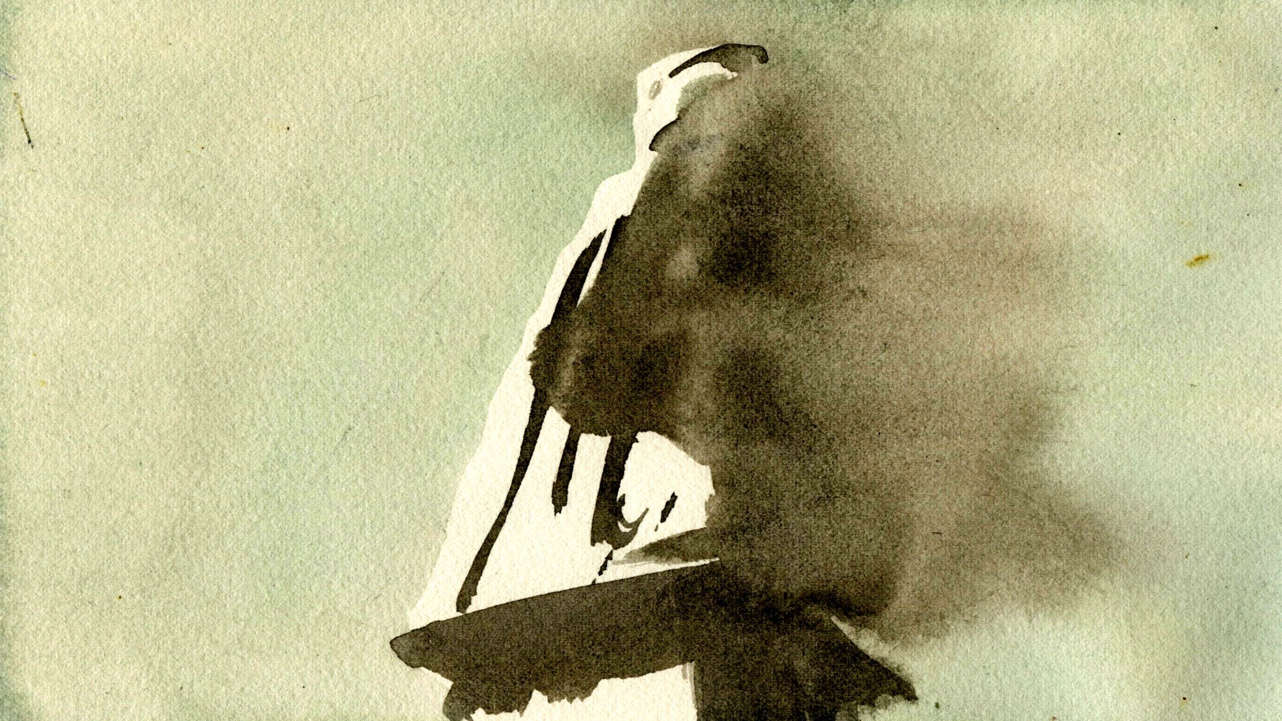 L'image présente un paysage abstrait exécuté dans un style aquarelle. On peut voir des nuances de vert et de beige sur un fond pâle. Des formes sombres et floues émergent, évoquant peut-être une silhouette ou un objet. Les coups de pinceau sont fluides, créant une atmosphère de mystère et de douceur. L'ensemble donne une impression de calme et d'abstraction.