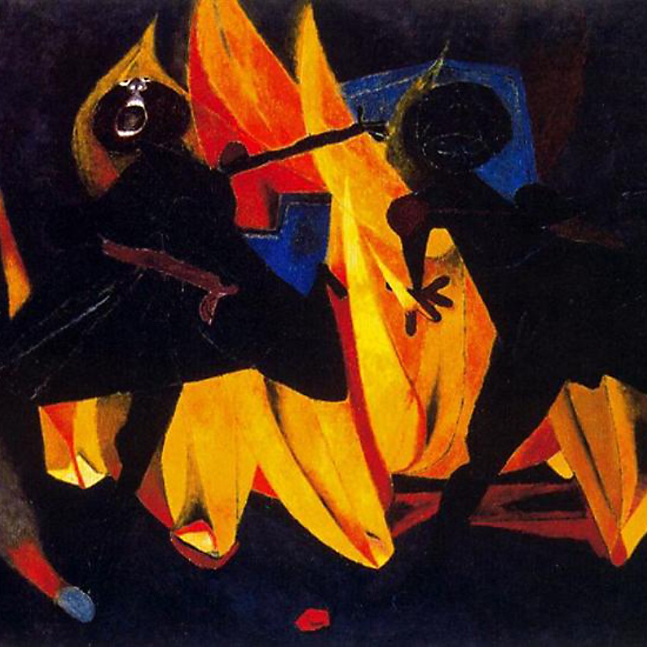 Deux silhouettes dansent devant un feu vibrant, avec des couleurs sombres et vives.