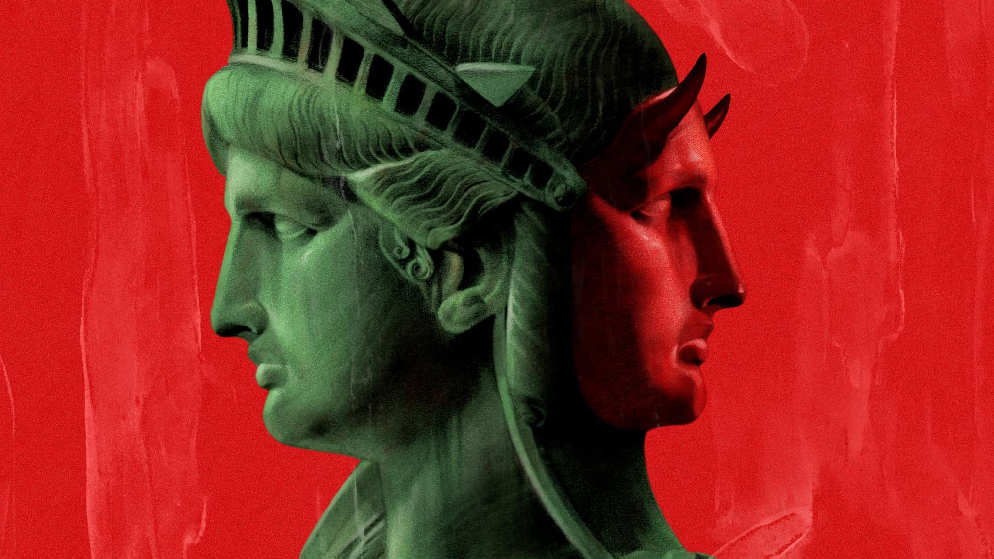 L'image représente une interprétation artistique de la Statue de la Liberté. On y voit une silhouette stylisée de la statue, déclinée en vert, avec un fond rouge vibrant. La statue est présentée de profil, et une seconde silhouette, plus sombre et rougeâtre, est superposée à celle en vert, suggérant une dualité ou une dualité de perspectives. Cette composition évoque des thèmes de liberté et d'identité, tout en jouant sur des contrastes de couleurs saisissants.