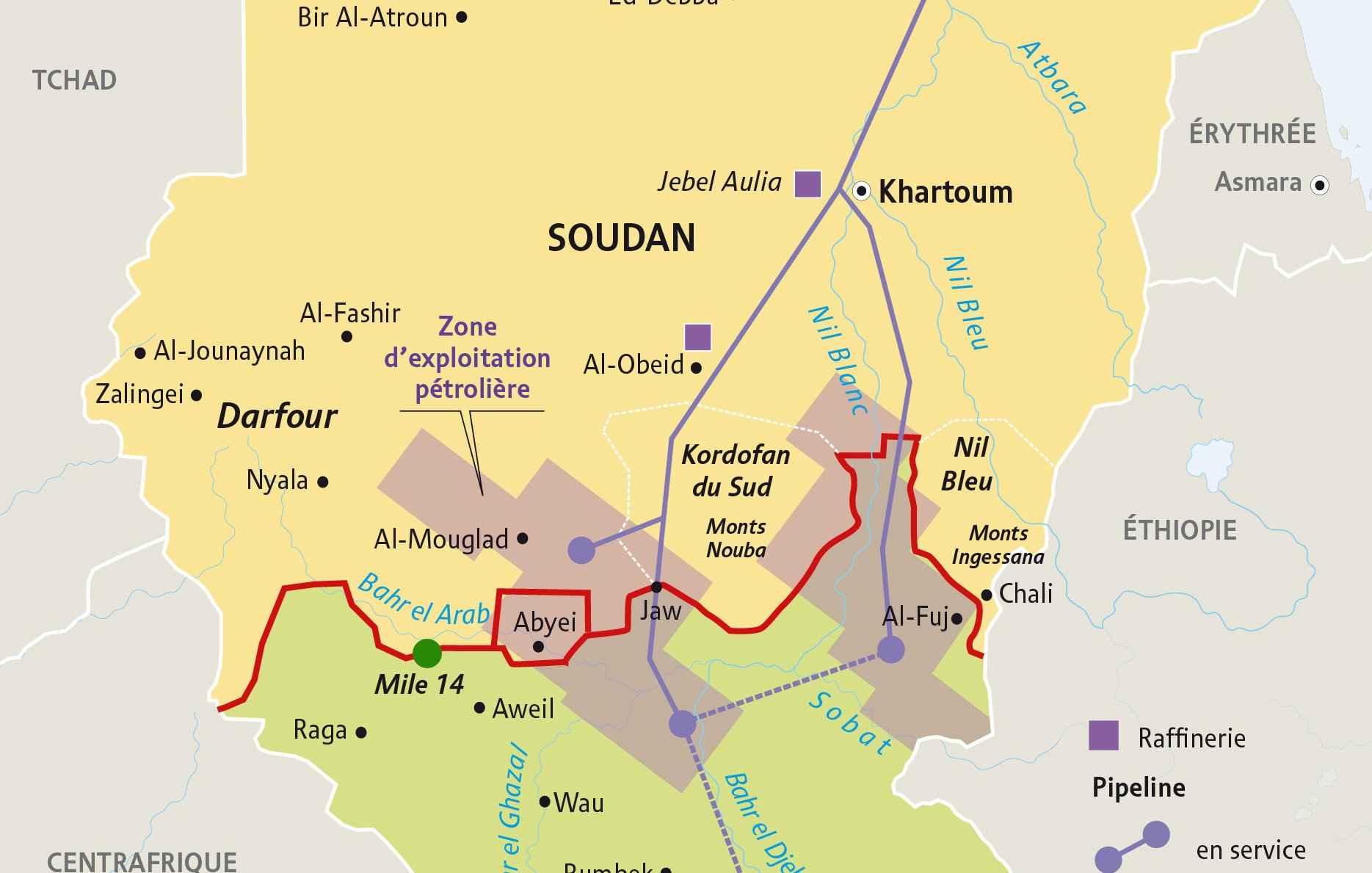 Cette image est une carte du Soudan, divisée en plusieurs régions clés. Elle montre différentes zones telles que le Darfour et le Soudan du Sud. On y trouve également des zones d'exploitation pétrolière, ainsi que des villes importantes comme Khartoum, Juba, et El-Fasher. Des routes et des frontières sont indiquées, notamment la ligne rouge qui délimite certaines zones. La légende précise les différentes zones et leur classification.