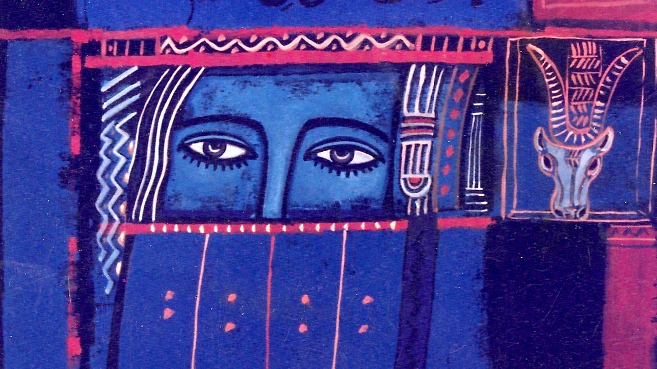 L'image présente une composition abstraite et colorée, comprenant des éléments graphiques et symboliques. Au centre, on voit un visage stylisé, avec des yeux expressifs qui semblent observer. Le fond est composé de teintes vives, notamment des bleus et des rouges, qui créent un contraste intéressant. Des motifs géométriques et des détails, tels qu'un dessin de tête de bélier, ajoutent à la richesse visuelle de l'œuvre. L'ensemble évoque une atmosphère mystique et culturelle.