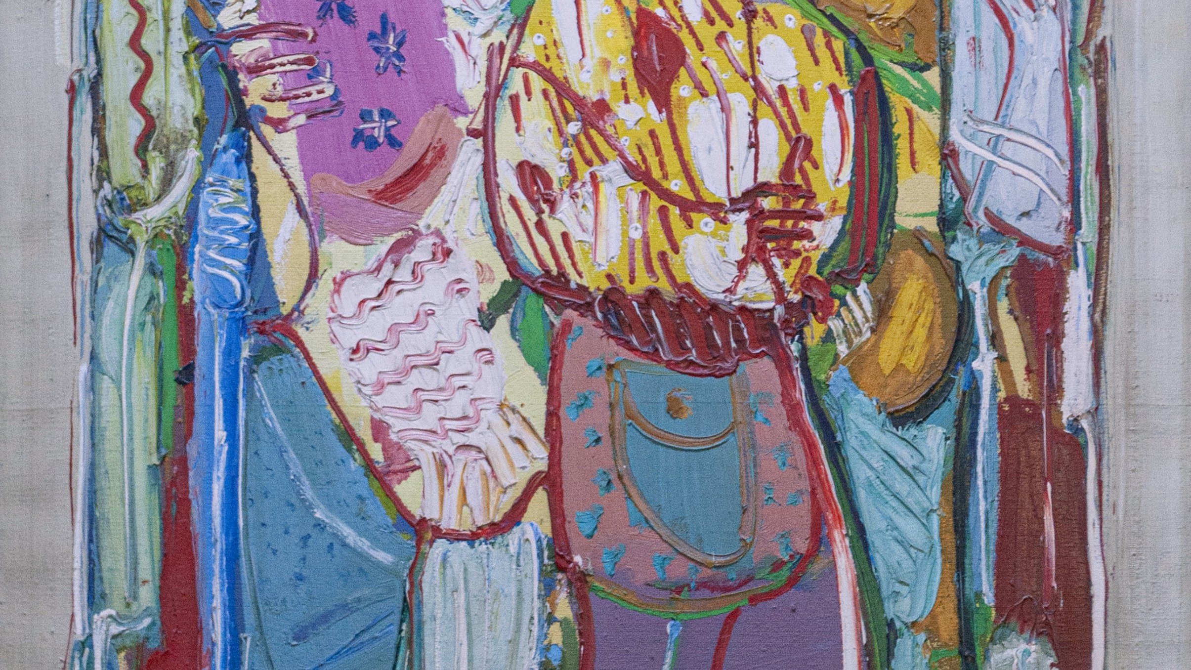 L'image présente une œuvre d'art abstraite, caractérisée par des formes et des figures humaines stylisées, peintes avec des couleurs vives. Les personnages semblent interagir dans un espace dynamique, avec des motifs de vêtements qui ajoutent de la texture et de l'intérêt visuel. Les lignes sont fluides et les couleurs chaudes se mêlent à des teintes plus froides, créant un contraste saisissant. L'ensemble évoque une atmosphère vibrante et expressive, typique de l'art moderne.