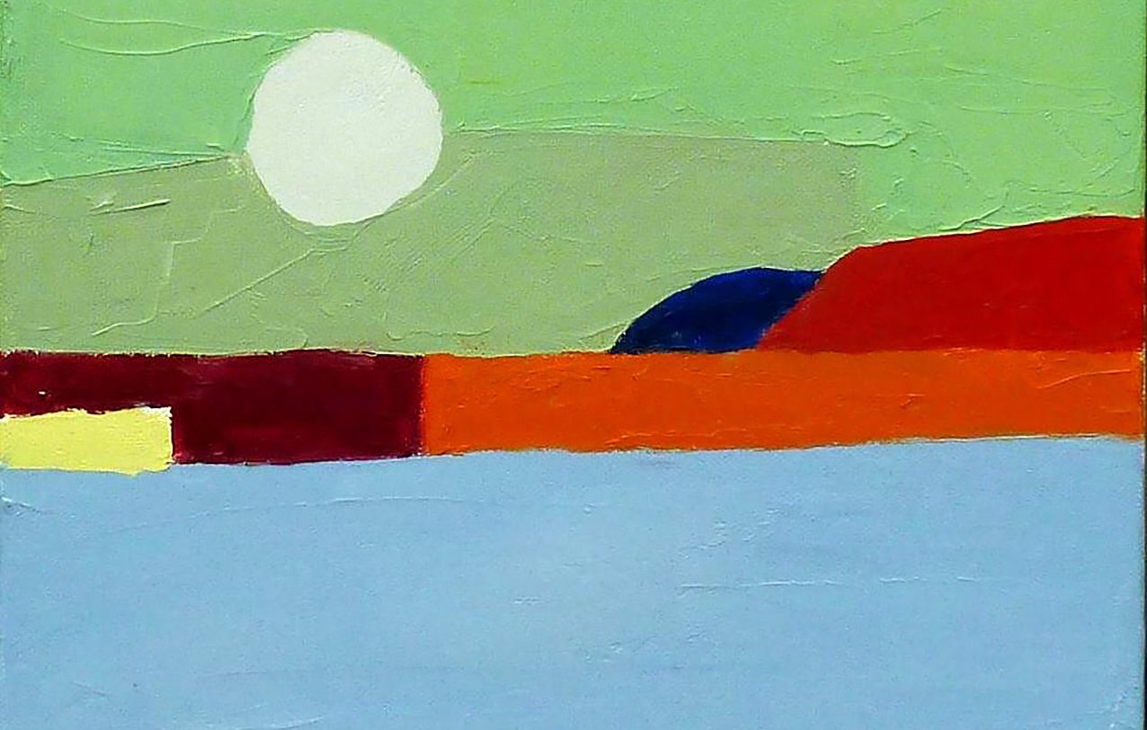 L'image représente une scène abstraite avec des couleurs vives et un peu de contraste. On y aperçoit un grand cercle blanc qui pourrait symboliser le soleil, se situant dans une partie supérieure clair, de couleur verte. En dessous, une mer ou un plan d'eau est peint en bleu clair. À l'horizon, on devine des collines ou des montagnes colorées, avec des teintes rouges et bleues, ajoutant de la profondeur à la composition. L'ensemble évoque une ambiance calme et minimaliste.