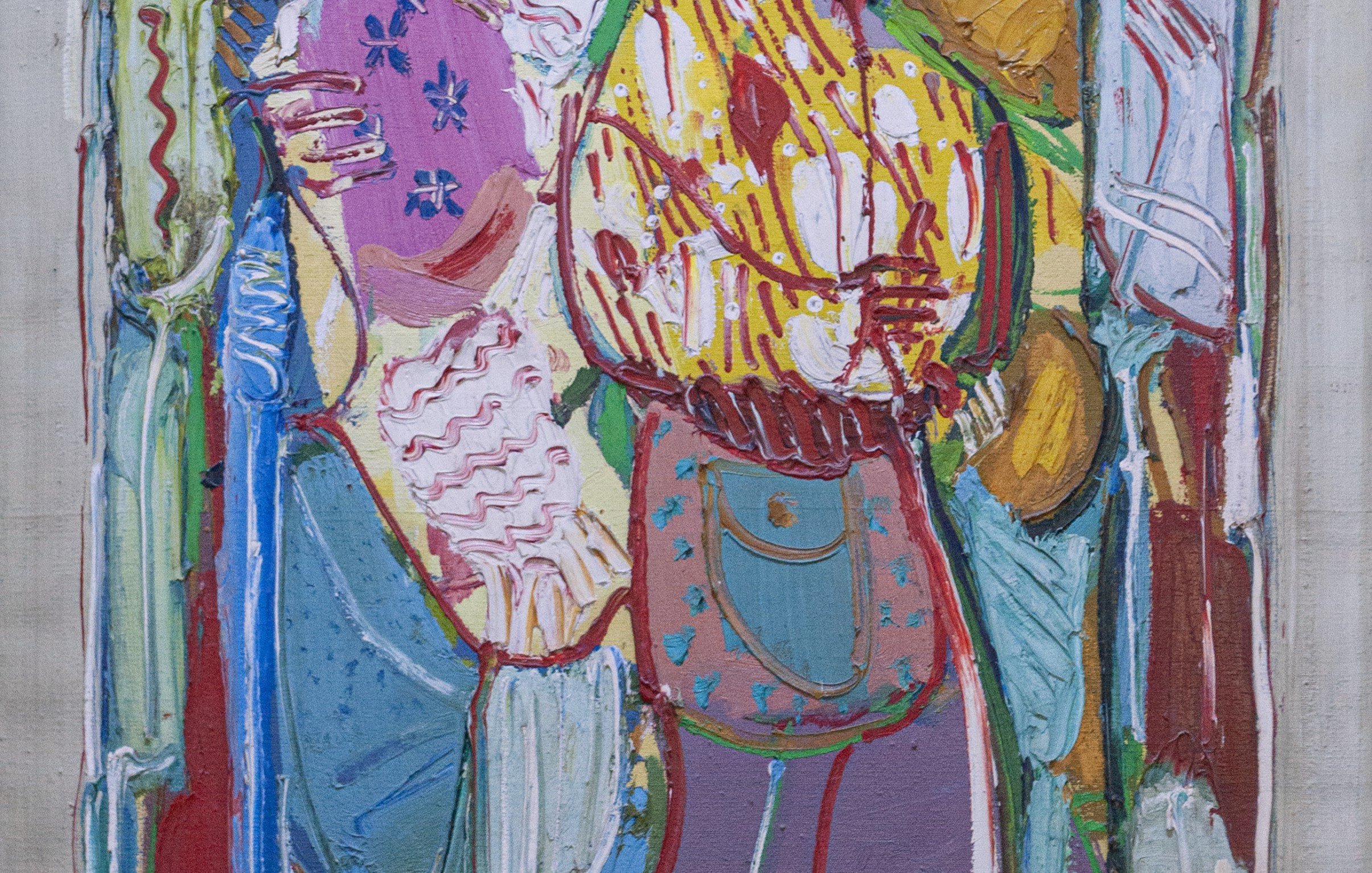 L'image présente une œuvre d'art abstraite, caractérisée par des formes et des figures humaines stylisées, peintes avec des couleurs vives. Les personnages semblent interagir dans un espace dynamique, avec des motifs de vêtements qui ajoutent de la texture et de l'intérêt visuel. Les lignes sont fluides et les couleurs chaudes se mêlent à des teintes plus froides, créant un contraste saisissant. L'ensemble évoque une atmosphère vibrante et expressive, typique de l'art moderne.