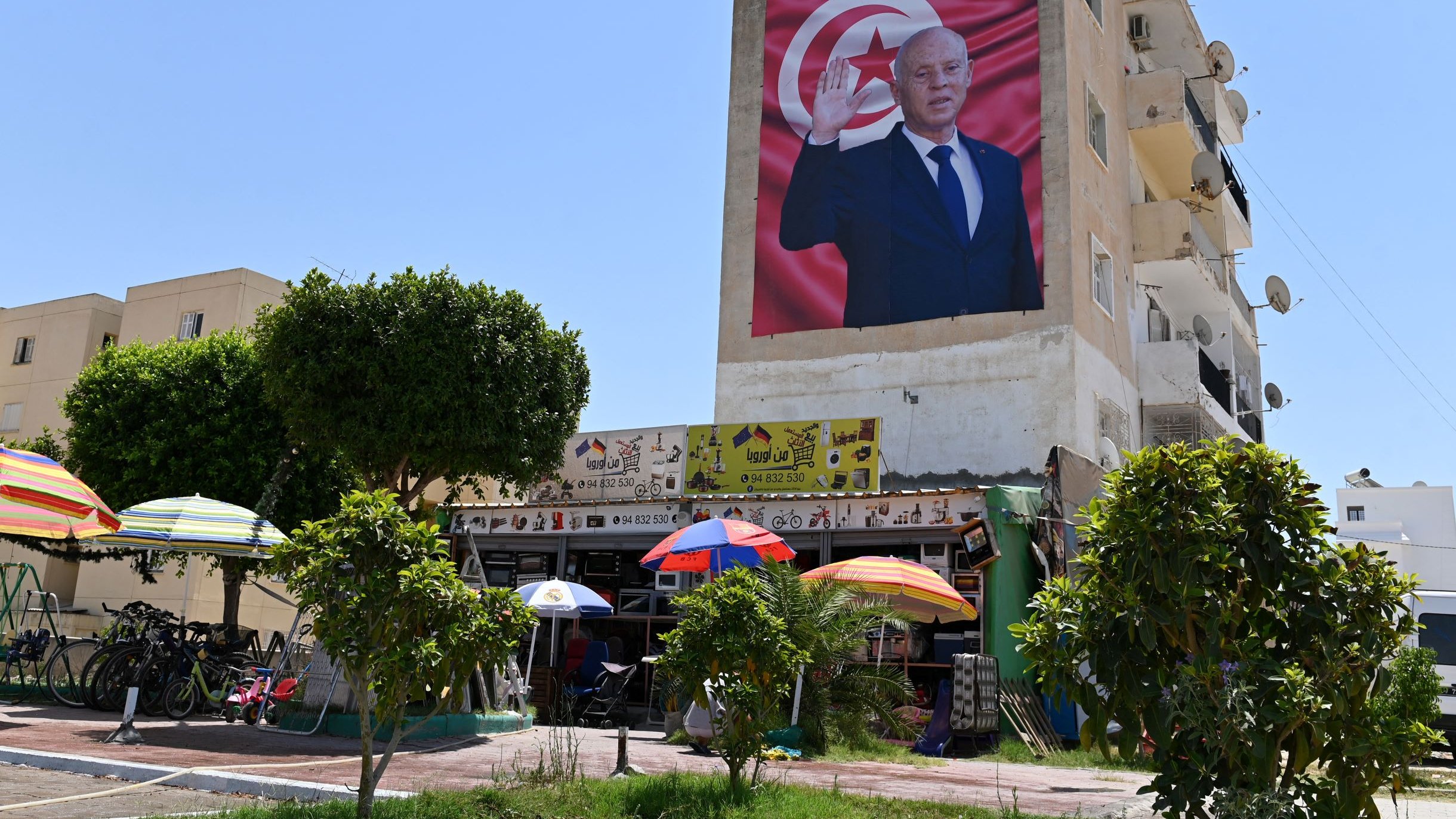 در این تصویر، یک دیوار بزرگ ساختمان نشان داده شده است که بر روی آن تصویری از یک فرد با اشاره به سمت بیننده مشاهده می‌شود. این شخص لباس رسمی به تن دارد و در پس‌زمینه تصویر، پرچم تونس دیده می‌شود. در پایین تصویر، یک کارگاه یا فروشگاه کوچک قرار دارد که چند نفر در زیر چادرهای رنگی نشسته‌اند. درختان سبز و دوچرخه‌ها نیز در تصویر وجود دارند. آسمان آبی و صاف به نظر می‌رسد.