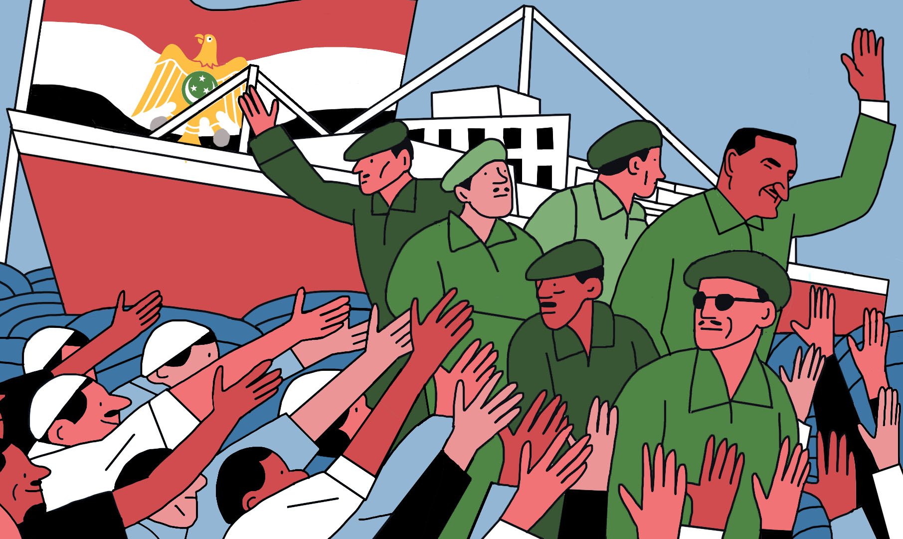 L'image représente une scène animée où des soldats en uniforme vert interagissent avec une foule. On peut voir des personnages saluant ou levant les mains dans un geste d'accueil. En arrière-plan, un bateau est visible, portant un drapeau avec des symboles qui évoquent un pays. La scène semble évoquer un moment de célébration ou d'un événement marquant, avec un style graphique coloré et stylisé.