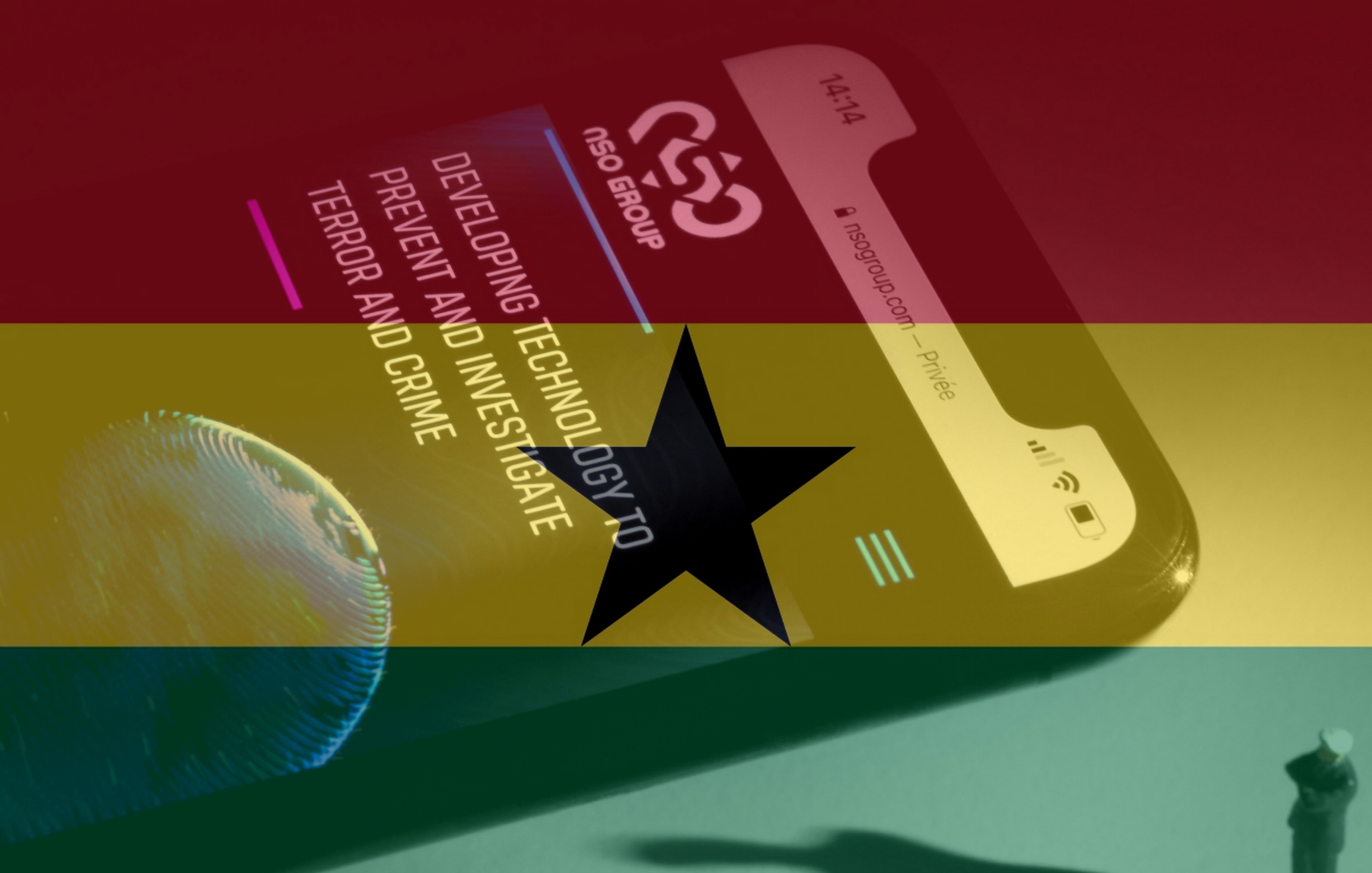 The image features a smartphone with a screen displaying text related to technology used for investigating terror and crime. The background colors are blended in a way that resembles the flag of Ghana, with a prominent black star in the center. A shadow of a person is visible in the foreground, creating a sense of depth and intrigue.
