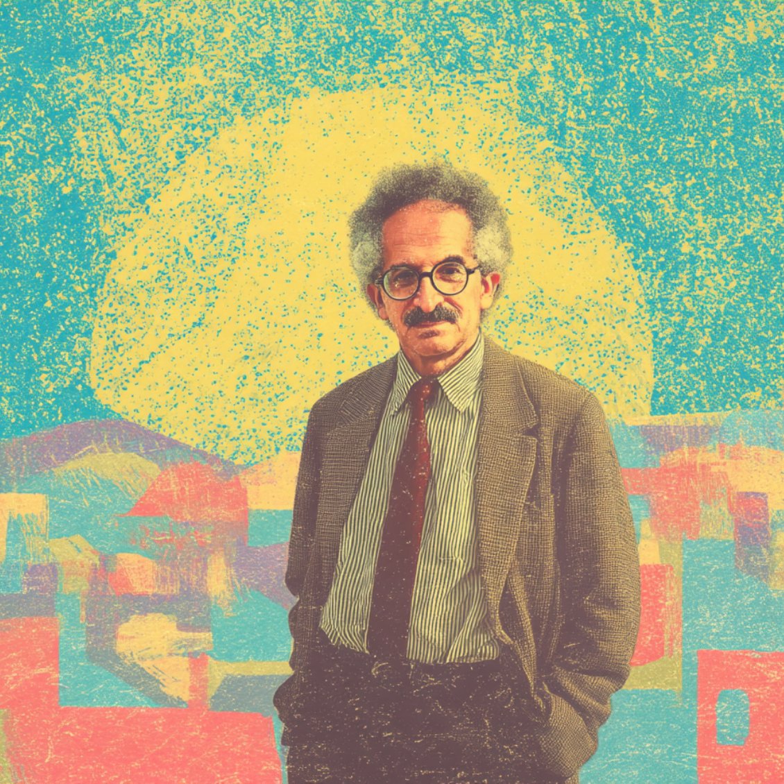Uomo con occhiali e cravatta, in un ambiente colorato con un grande sole sullo sfondo.