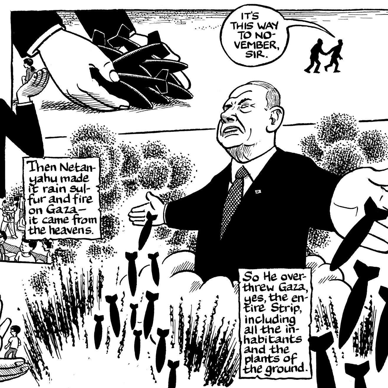 L'image semble comporter une caricature politique. D'un côté, on voit une figure qui ressemble à un homme politique, probablement en train de parler avec un geste théâtral. De l'autre, une autre figure masculine, semblant être un leader israélien, montre une scène dramatique. Il y a des éléments symboliques, comme des missiles ou des bombes, et des références explicites à des événements récents, notamment liés à Gaza. Des éléments visuels renforcent le message critique sur des actions militaires et politiques, ainsi que leur impact sur les populations. Le style est graphique et pourrait susciter une réflexion sur la situation géopolitique.