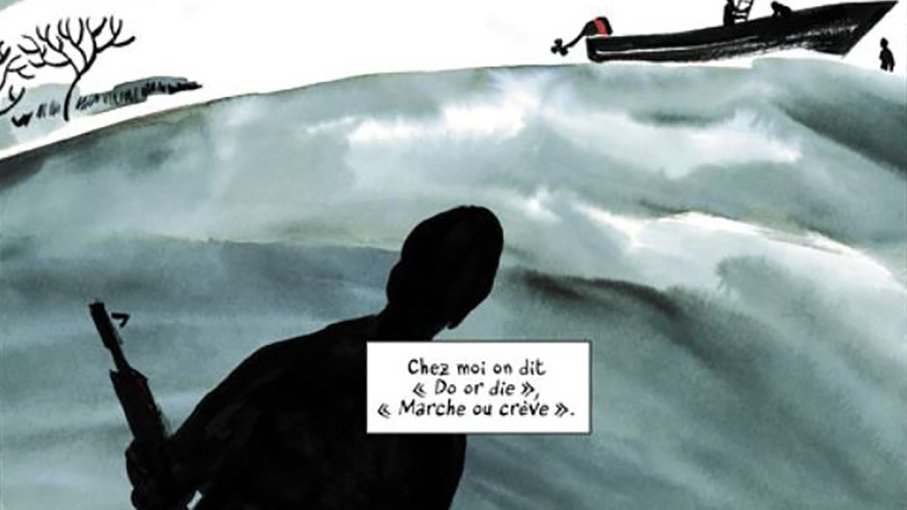 L'image présente une scène avec des silhouettes sombres contre un fond de vagues. On peut voir un personnage armé au premier plan, observant une embarcation à l'arrière-plan. Le texte en bas évoque des expressions qui semblent faire référence à des choix difficiles ou à des défis. L'ensemble transmet une ambiance de tension et de détermination.