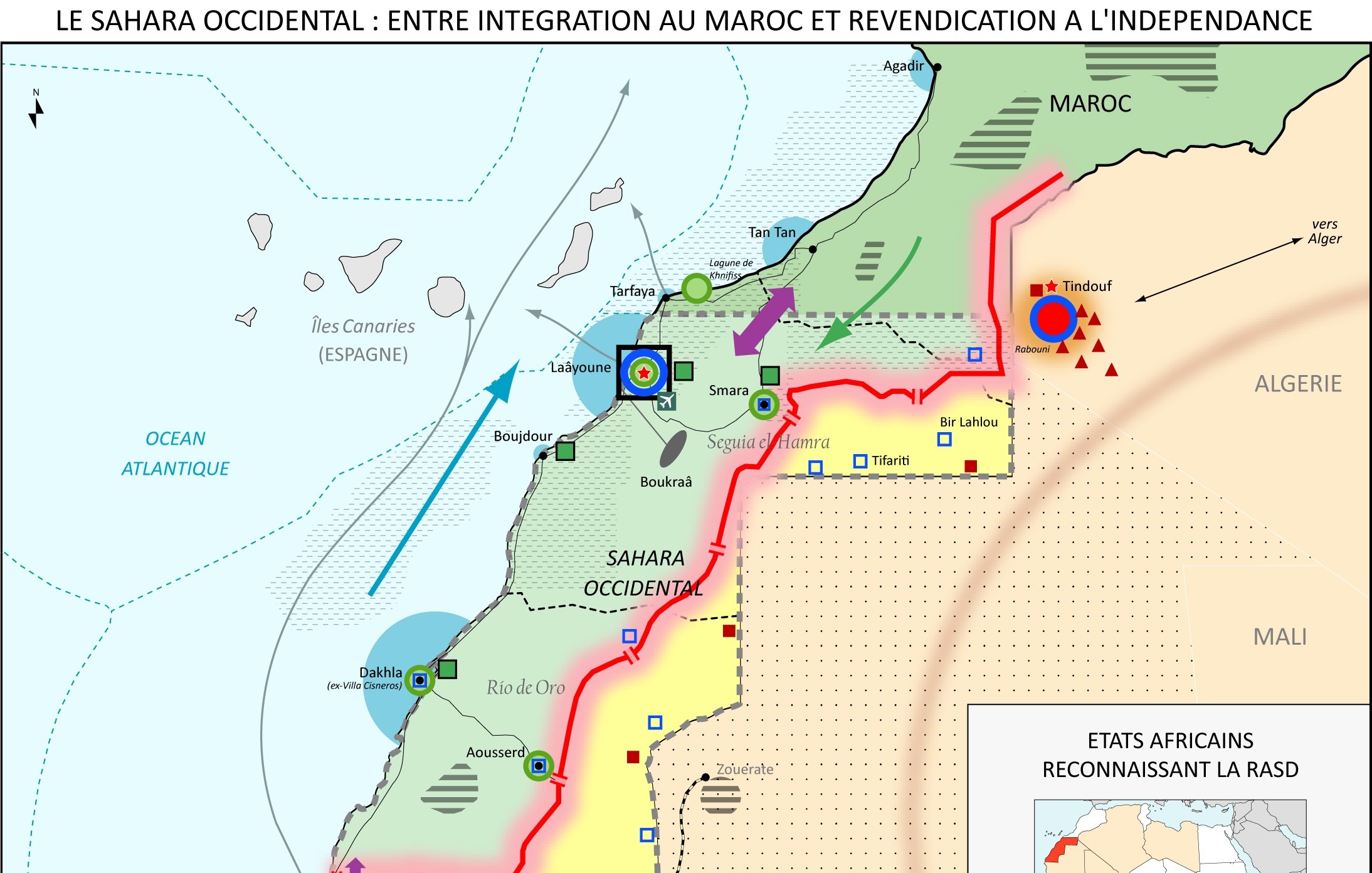 Cette image est une carte du Sahara Occidental, illustrant la situation géographique et politique de la région. Les frontières entre le Maroc et le Sahara Occidental sont indiquées par une ligne rouge. On y voit également des villes et des régions clés, ainsi que des zones marquées pour indiquer les revendications et l'intégration par le Maroc. De plus, la carte mentionne les États africains qui reconnaissent la République arabe sahraouie démocratique (RASD). Les éléments tels que les océans, les rivières et les principales routes sont également présents, fournissant un contexte géographique.
