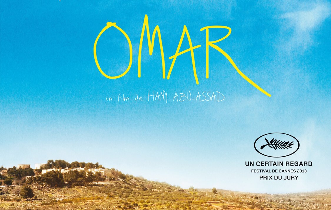 L'image présente une affiche de film intitulée "Omar". En haut, il y a une mention "par le réalisateur de PARADISE NOW", suivie du titre "OMAR" écrit en lettres stylisées. Au bas de l'affiche, on trouve des indications sur le film, notamment "un film de Hany Abu-Assad" et des détails sur le festival de Cannes 2013, avec la mention "UN CERTAIN REGARD" et "PRIX DU JURY". En arrière-plan, on aperçoit un mur, probablement le mur de séparation, recouvert de graffitis. Les couleurs de l'image sont terreuses, évoquant un paysage aride et chargé de significations sociales et politiques.