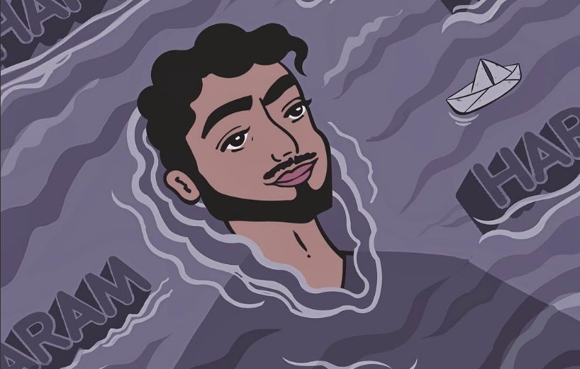 L'image représente un personnage stylisé avec des cheveux bouclés et un léger sourire. Il émerge d'un fond de vagues aux tonalités violettes. Des barques blanches flottent autour de lui, et le mot "HARAM" apparaît plusieurs fois dans le fond. L'ensemble de l'illustration donne une atmosphère à la fois contemplative et dynamique.