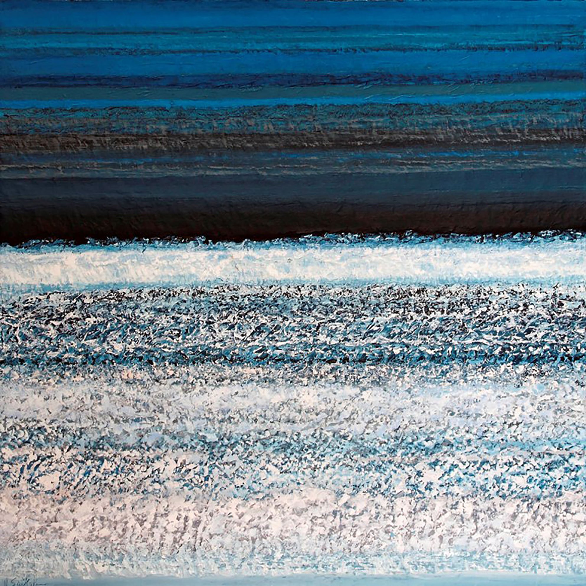 Des lignes horizontales en dégradé de bleus et blancs, créant une ambiance maritime.