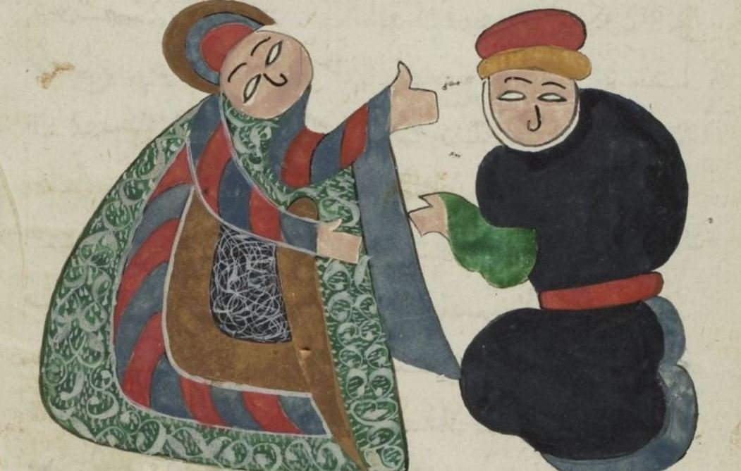 L'image représente deux personnages dans un style artistique ancien. L'un des personnages, possiblement une figure religieuse, est vêtu d'une robe colorée avec des motifs variés. Il fait un geste de bénédiction ou d'accueil avec une expression amicale. L'autre personnage, habillé de manière sombre, semble réceptif et souriant. Les couleurs sont vives et les traits sont stylisés, typiques des illustrations médiévales. Le fond est simple, ce qui met en valeur les personnages.