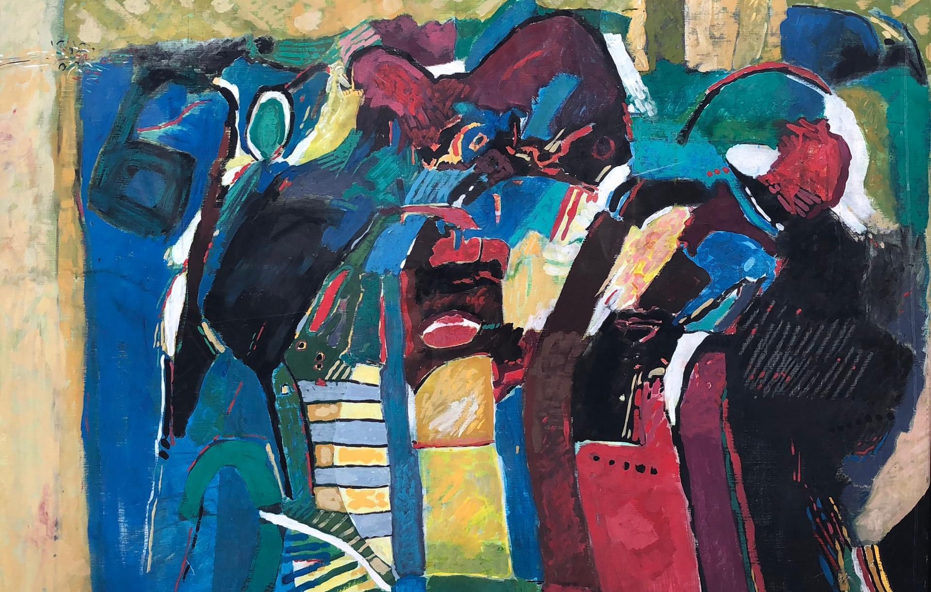 Cette image est une peinture moderne, retravaillée avec des couleurs vives et variées. On peut y voir des formes humaines stylisées, avec des silhouettes qui se chevauchent et se mélangent. Les couleurs dominantes incluent des bleus, des rouges et des jaunes, créant un contraste dynamique. L'arrière-plan semble texturé, avec des éléments géométriques et des motifs qui ajoutent de la profondeur à l'œuvre. L'ensemble dégage une atmosphère énergique et expressive, typique de l'art contemporain.