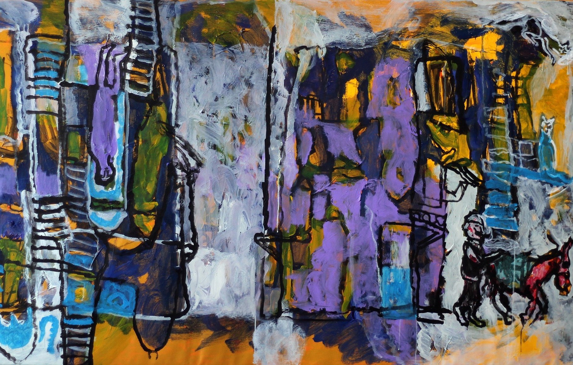 L'image présente une composition abstraite aux couleurs vives, avec des teintes de violet, jaune, vert et bleu. On y voit des formes géométriques et des lignes sombres qui créent une impression de profondeur. Des personnages stylisés, accompagnés d'un animal, semblent évoluer dans un environnement urbain suggéré par des éléments de façade de bâtiment. L'ensemble dégage une atmosphère dynamique et expressive, invitant à différentes interprétations.