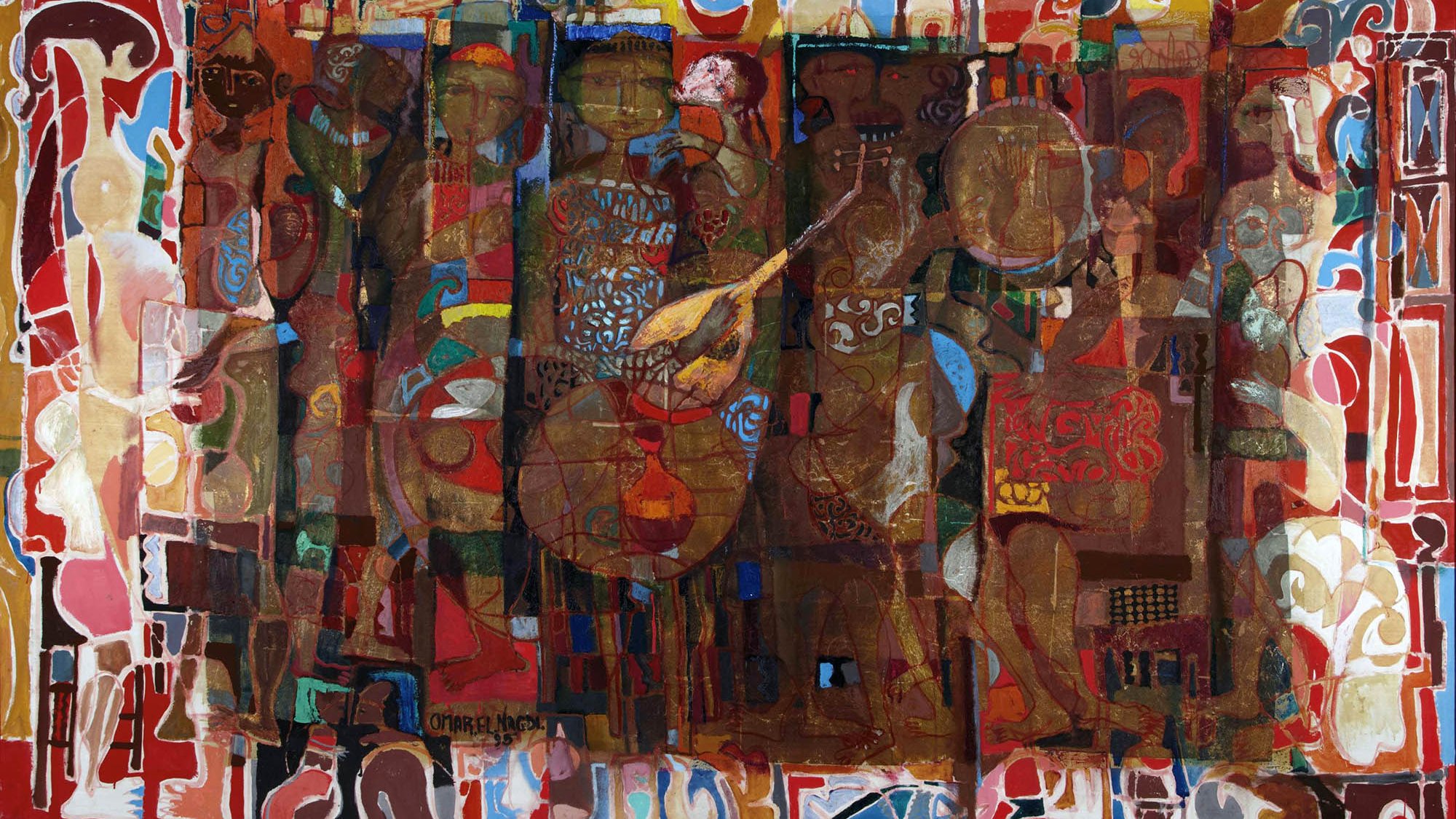 L'image représente une œuvre d'art abstraite riche en couleurs et en textures. Elle met en scène des silhouettes figuratives, souvent stylisées, qui se fondent dans un fond dynamique et coloré. Les formes et les motifs semblent s'entrelacer, créant une composition complexe et vivante. Les couleurs variées, notamment des rouges, des bruns et des bleus, ajoutent à l'intensité de l'œuvre. Cette pièce évoque une sensation de mouvement et une expression culturelle forte.