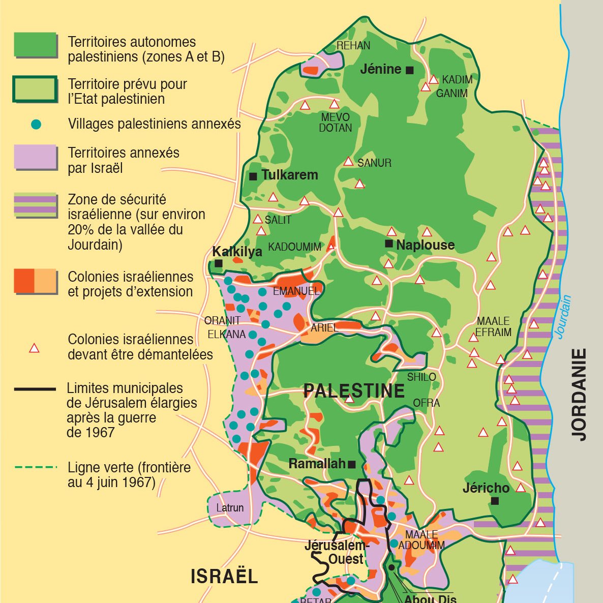 L'image représente une carte géographique de la Palestine et d'Israël. On y trouve les territoires autonomes palestiniens, notamment les zones A et B, ainsi que les villages palestiniens annexés. La carte indique également les colonies israéliennes, les villes principales comme Jérusalem, Ramallah, et Bethléem, ainsi que d'autres localités importantes. Les frontières de la ligne verte, établie en 1967, sont également marquées, délimitant les territoires contrôlés par Israël et ceux de l'Autorité palestinienne. Les couleurs et les symboles sont utilisés pour représenter différentes zones et projets liés à ces régions.