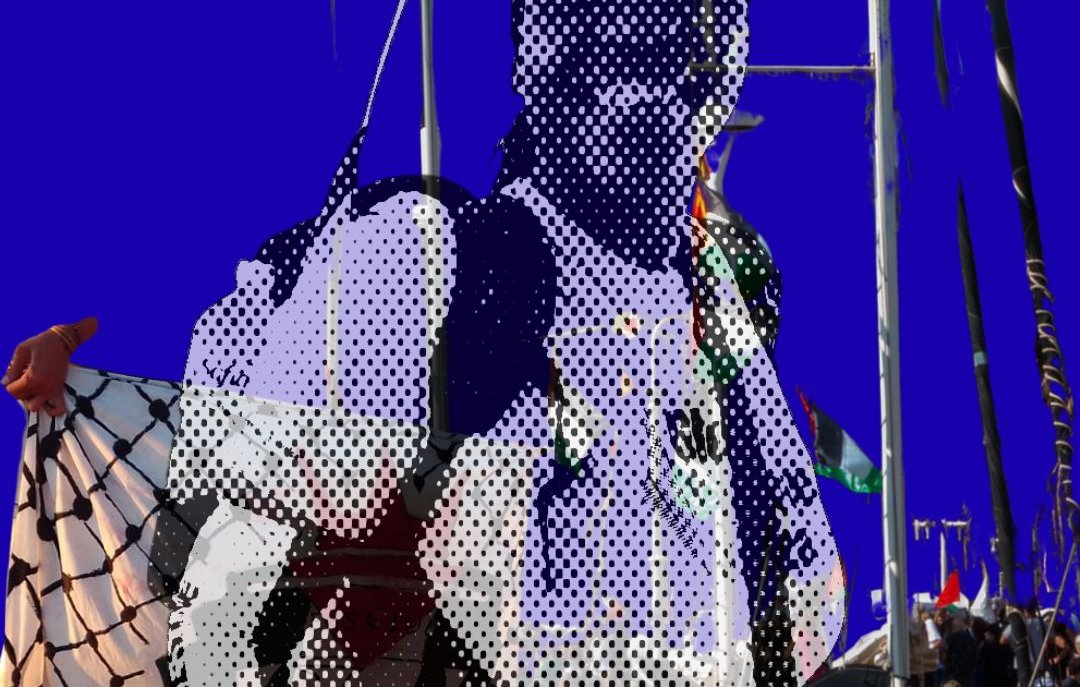 Une silhouette floue d'une personne avec un bateau en arrière-plan sur fond bleu.