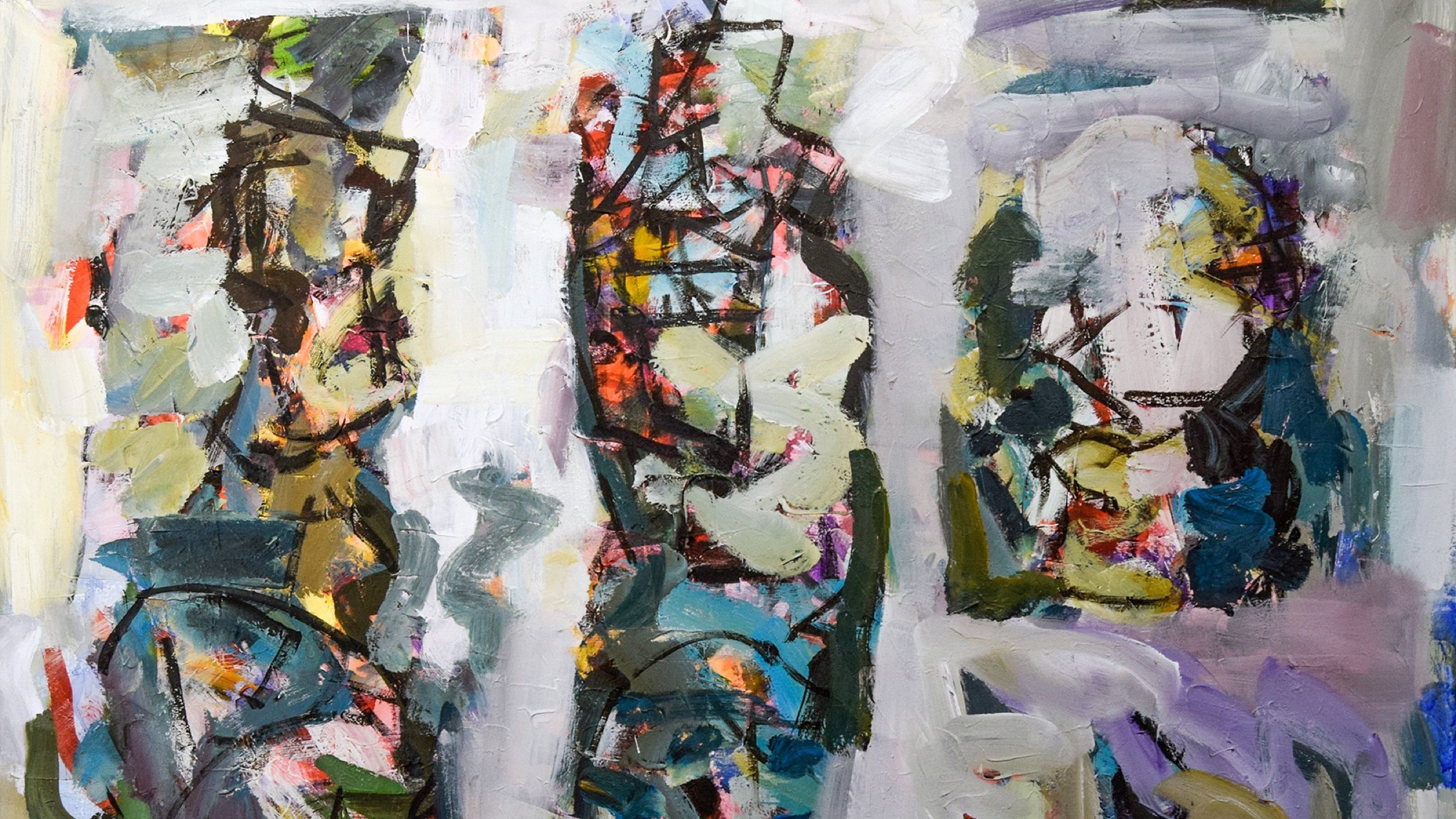 Cette image représente une œuvre abstraite avec des formes et des couleurs dynamiques. On peut y voir des traits sombres qui se croisent, créant une sorte de structure ou de silhouette floue. Les couleurs utilisées, comme des nuances de vert, bleu, violet, et touches de rouge, se mélangent et offrent une impression de mouvement et de chaos. L'ensemble dégage une atmosphère énergique et expressive, typique de l'art abstrait.