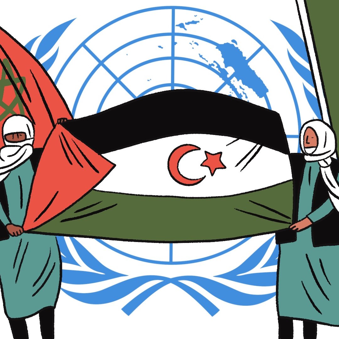 L'image montre plusieurs personnes tenant un drapeau qui combine les couleurs et les symboles du Maroc et de l'Algérie, au centre d'un grand drapeau. En arrière-plan, on voit le logo des Nations Unies. Les personnes sont représentées dans un style illustratif, certaines portant des vêtements traditionnels, et leur expression semble engagée. L'image évoque des thématiques de débats ou de conflits diplomatiques entre les pays représentés.