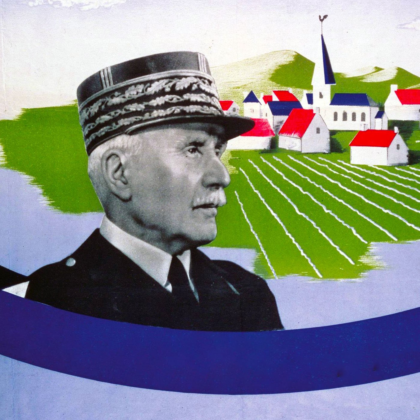 L'image semble représenter un portrait d'un homme en uniforme militaire, probablement un général, accompagné d'un arrière-plan illustratif d'un village avec des maisons aux toits rouges et blancs, ainsi que des champs. La composition inclut également un ruban en bas, ajoutant une dimension décorative à l'ensemble. L'atmosphère de l'image peut évoquer des thèmes de patriotisme ou d'identité nationale.