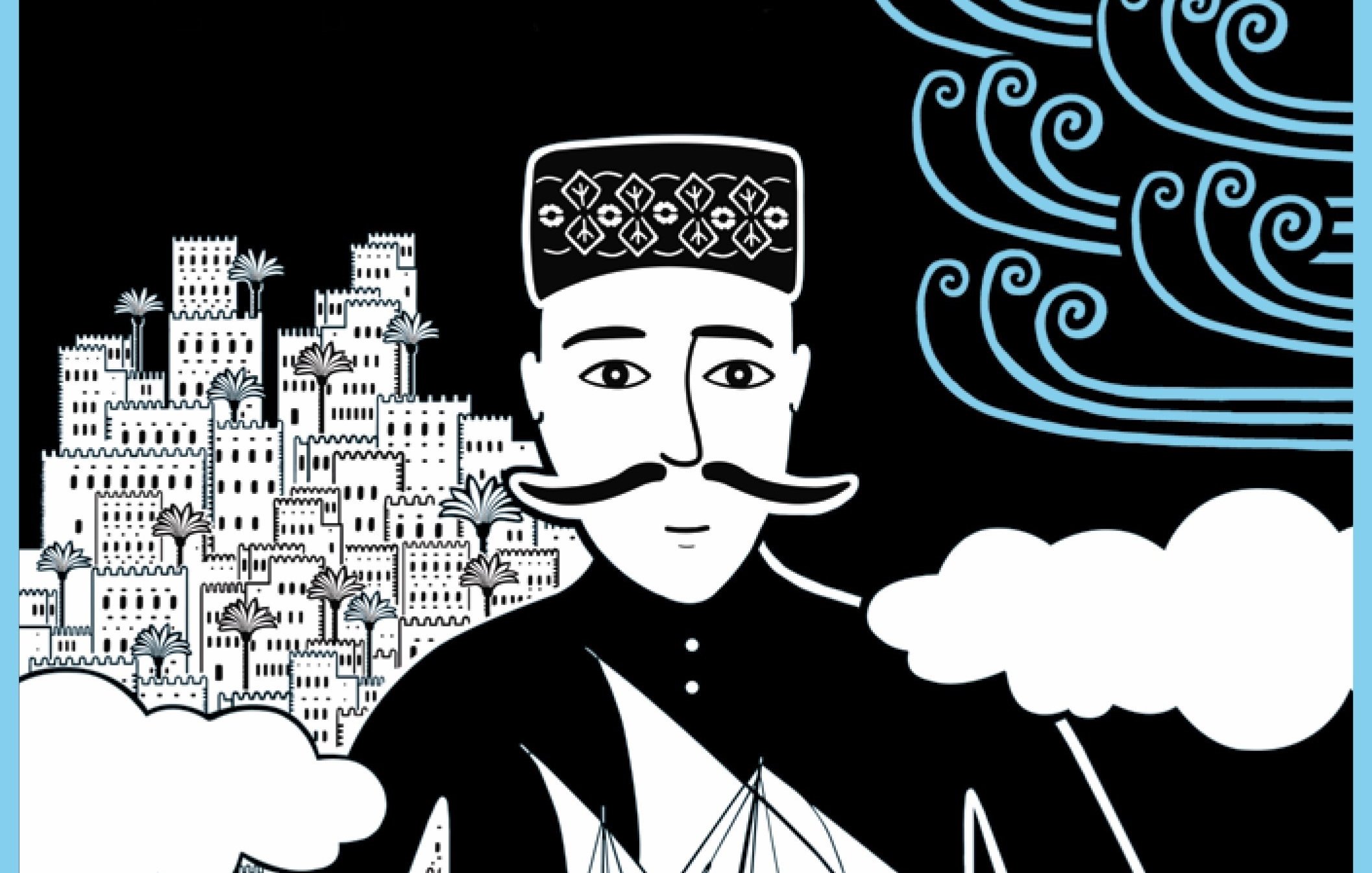 Cette image présente un personnage stylisé qui porte un chapeau traditionnel et a une moustache. Il tient un modèle de voilier dans ses mains. En arrière-plan, on peut voir des bâtiments en forme de tours sur une colline, ainsi que des nuages et des vagues stylisées, ce qui donne une impression de mouvement et de mystère. Les couleurs sont principalement noires, blanches et bleues, créant un contraste fort et un effet visuel intéressant.