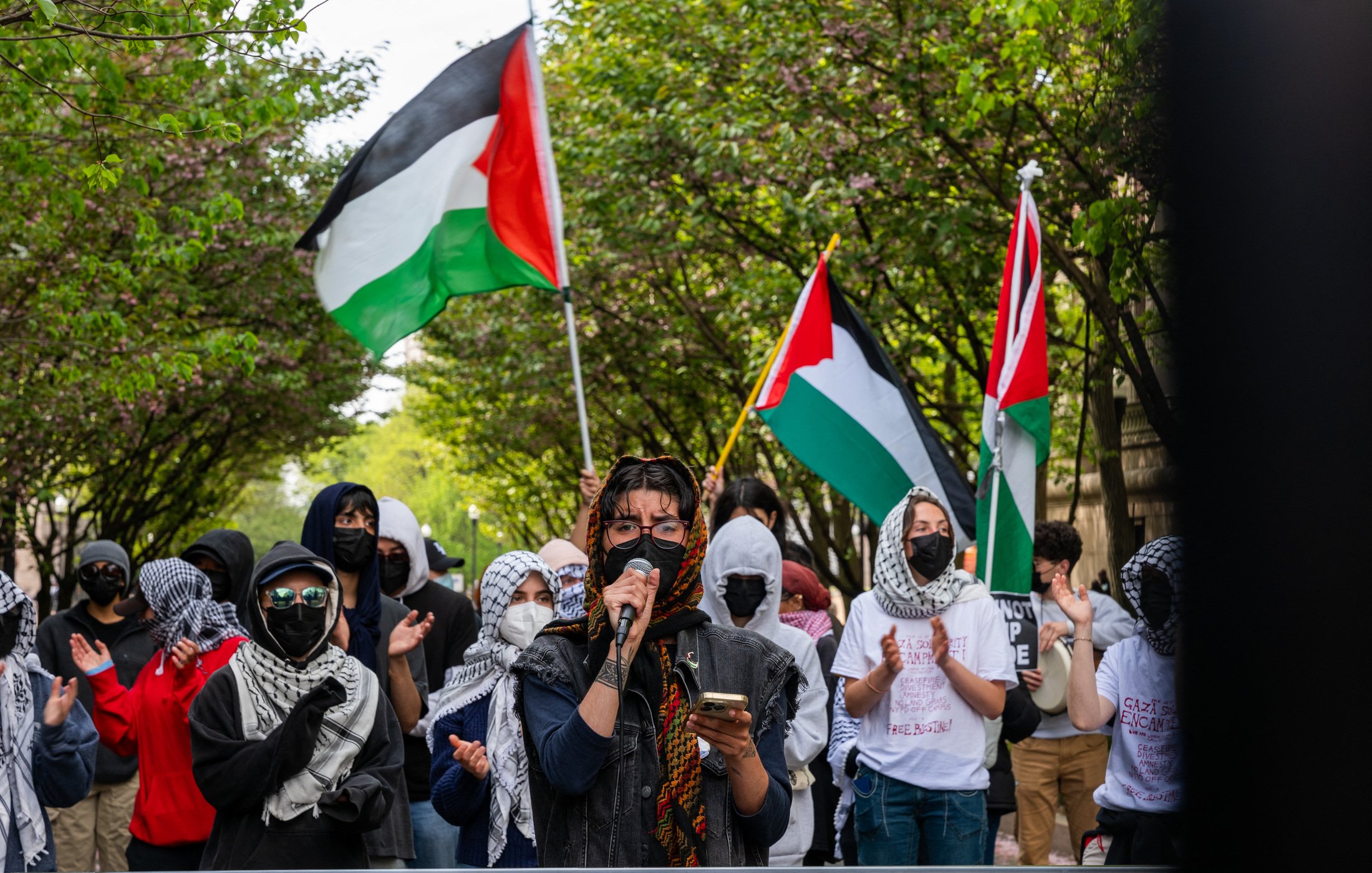 در این تصویر، گروهی از معترضان مشاهده می‌شوند که در خیابانی با درختان سبز تجمع کرده‌اند. چند نفر از آنها پرچم‌های فلسطینی را در دست دارند. یکی از افراد در جلو، میکروفون را در دست دارد و به نظر می‌رسد در حال سخنرانی است. اکثر معترضان پوشیده از چادر یا روسری هستند و ماسک زده‌اند. برخی از افراد نیز در حال تشویق و حمایت از سخنران هستند. جو کلی تصویر نشان‌دهنده احساس همبستگی و اعتراض به موضوعات مربوط به فلسطین است.
