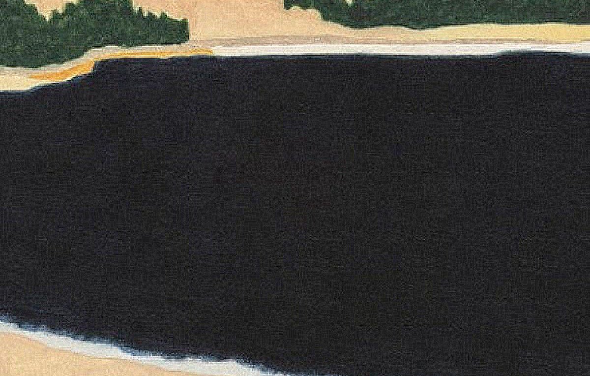 L'image représente une scène paisible au bord d'un lac ou d'une grande étendue d'eau sombre. Au premier plan, on voit deux personnes assises sur le sable, tournées vers l'eau. L'arrière-plan montre des collines aux teintes chaudes, allant du rouge au beige, tandis qu'un ciel clair complète le paysage. L'ambiance générale est tranquille et contemplative, suggérant un moment de partage entre les deux figures.