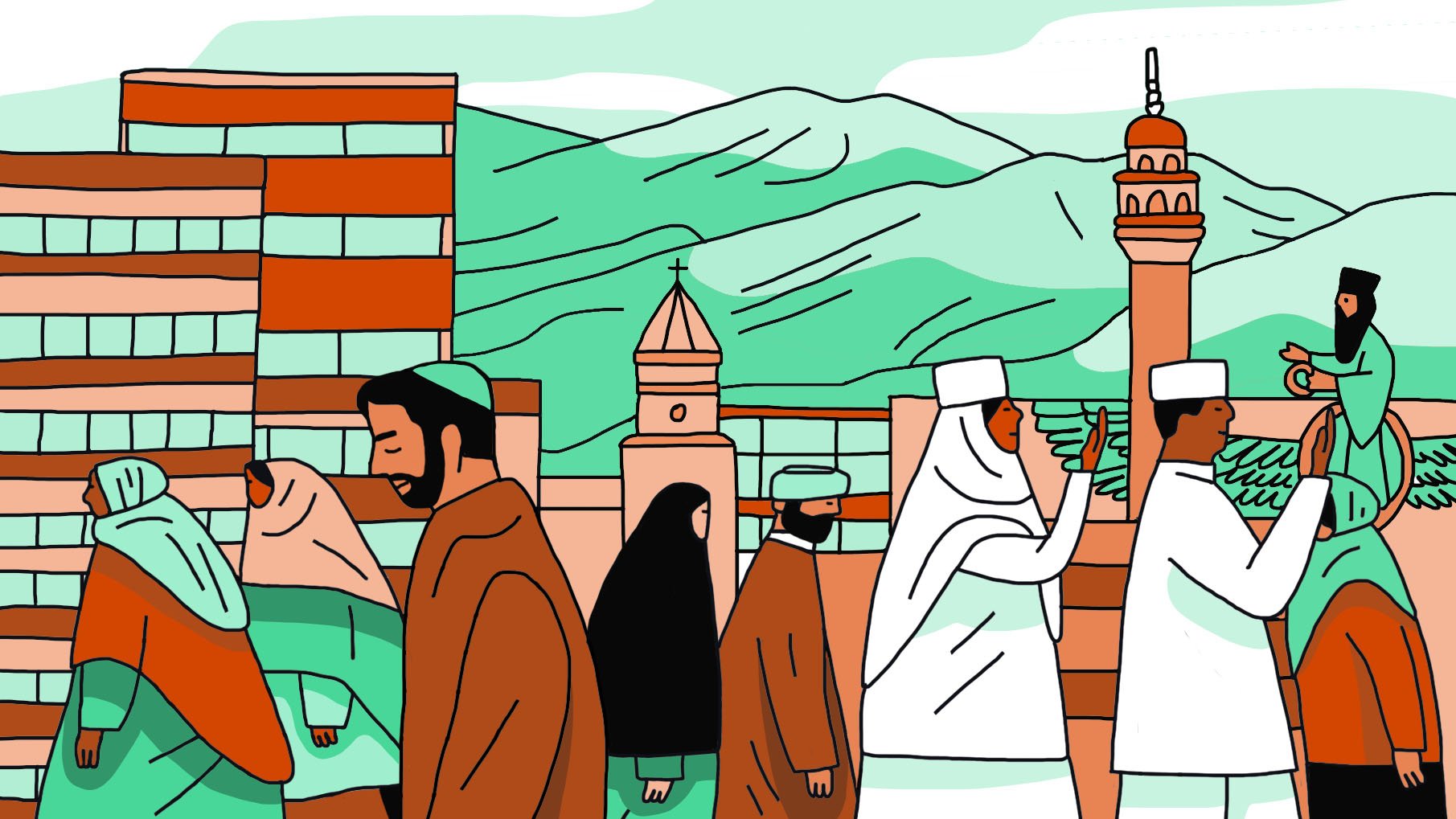 L'image représente une scène urbaine animée avec des personnes de différentes cultures et traditions. On peut voir des gens marchant en direction opposée, vêtus de manière variée, ce qui suggère une diversité culturelle. À l'arrière-plan, on aperçoit des montagnes et des bâtiments, ainsi qu'une mosquée avec un minaret, une église et d'autres structures architecturales. Les couleurs utilisées sont douces et principalement en nuances de vert, orange et beige, créant une atmosphère chaleureuse et accueillante. Cette illustration évoque le mélange harmonieux de différentes cultures et symboles religieux.