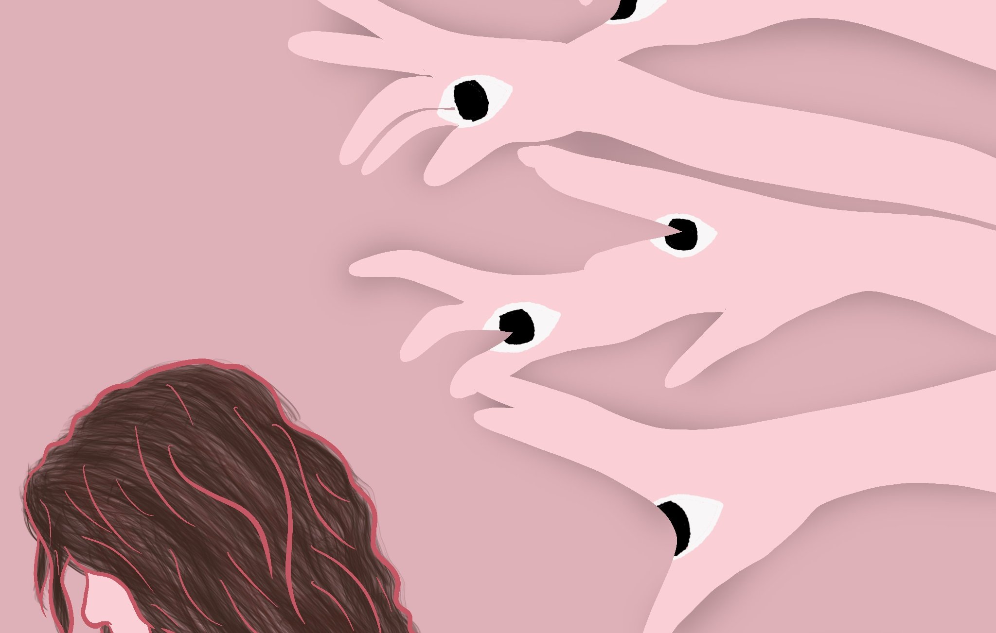 La imagen muestra a una persona con el cabello largo y castaño, de perfil y con la cabeza agachada, como si estuviera pensativa o triste. Al fondo, hay varias manos estilizadas en tonos rosados que parecen extenderse hacia ella. En cada mano hay un ojo, lo que sugiere una sensación de vigilancia o presión. El fondo es de un color rosa suave, lo que crea un contraste con la figura de la persona. La escena transmite una sensación de incomodidad o inquietud, posiblemente sobre la sensación de ser observado o juzgado.