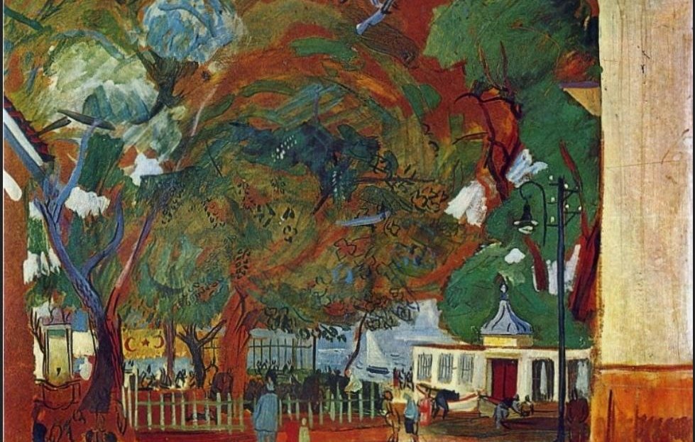 L'image représente un paysage vibrant et coloré, typique du style de Vincent van Gogh. On y voit un parc ou un jardin avec de grands arbres aux feuillages denses, créant une atmosphère vivante et dynamique. Des figures humaines sont dispersées dans la scène, certaines assises ou se promenant, ajoutant une touche de vie à l'environnement. Les couleurs sont principalement dans des tons chauds de rouge, vert et jaune, créant une ambiance chaleureuse et accueillante. En arrière-plan, on aperçoit des bâtiments, probablement des maisons ou des structures publiques, contribuant à l'animation du lieu.