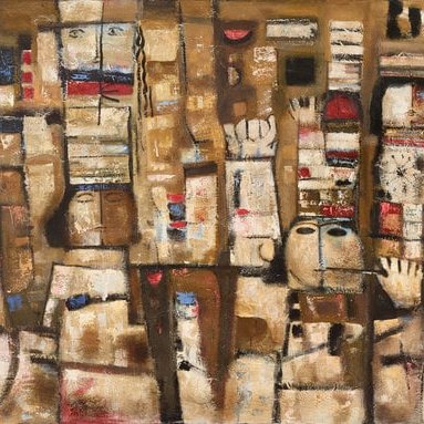 Opera astratta con forme geometriche e colori caldi, che evoca paesaggi e figure.